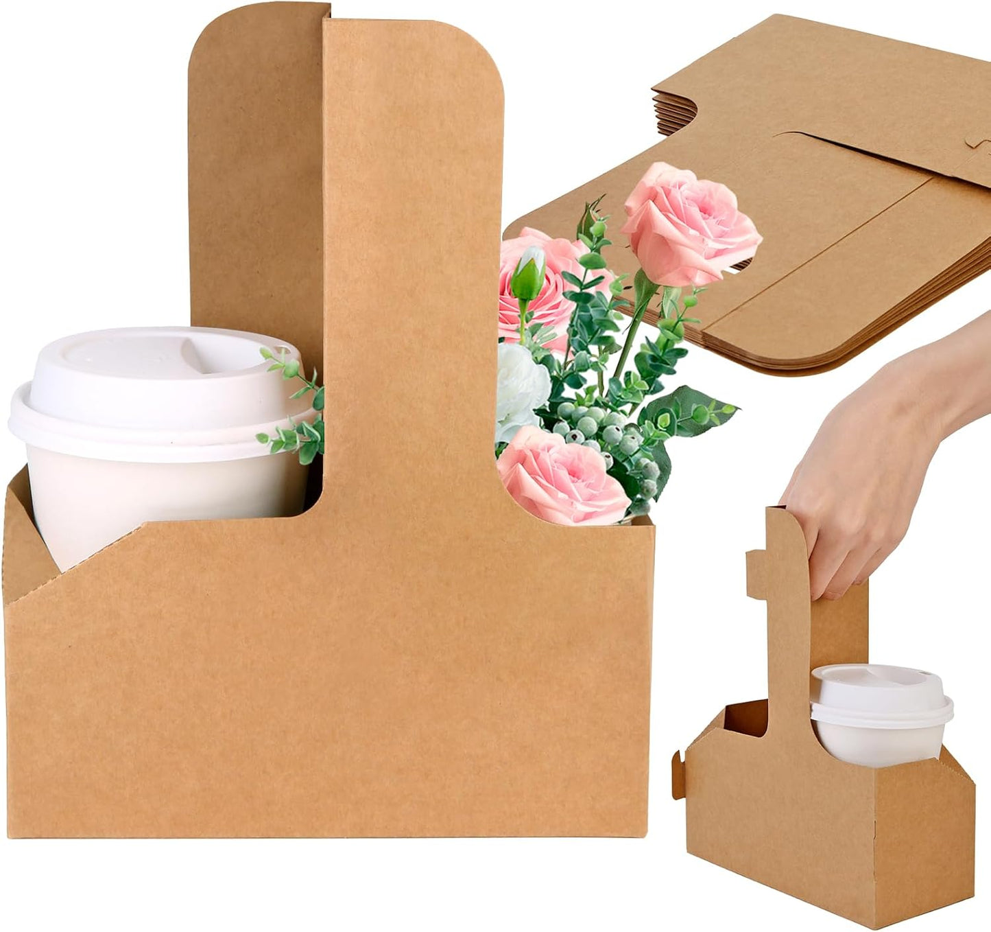 15Pcs -2 Cup Drink Carrier with Handle - Paper Cup Holder, Coffee Carriers Tray for Drinks, Disposable Takeaway Cardboard Holders To Go for Food Delivery, Uber Eats/Door Dash Two or 4 Kraft Paperboard