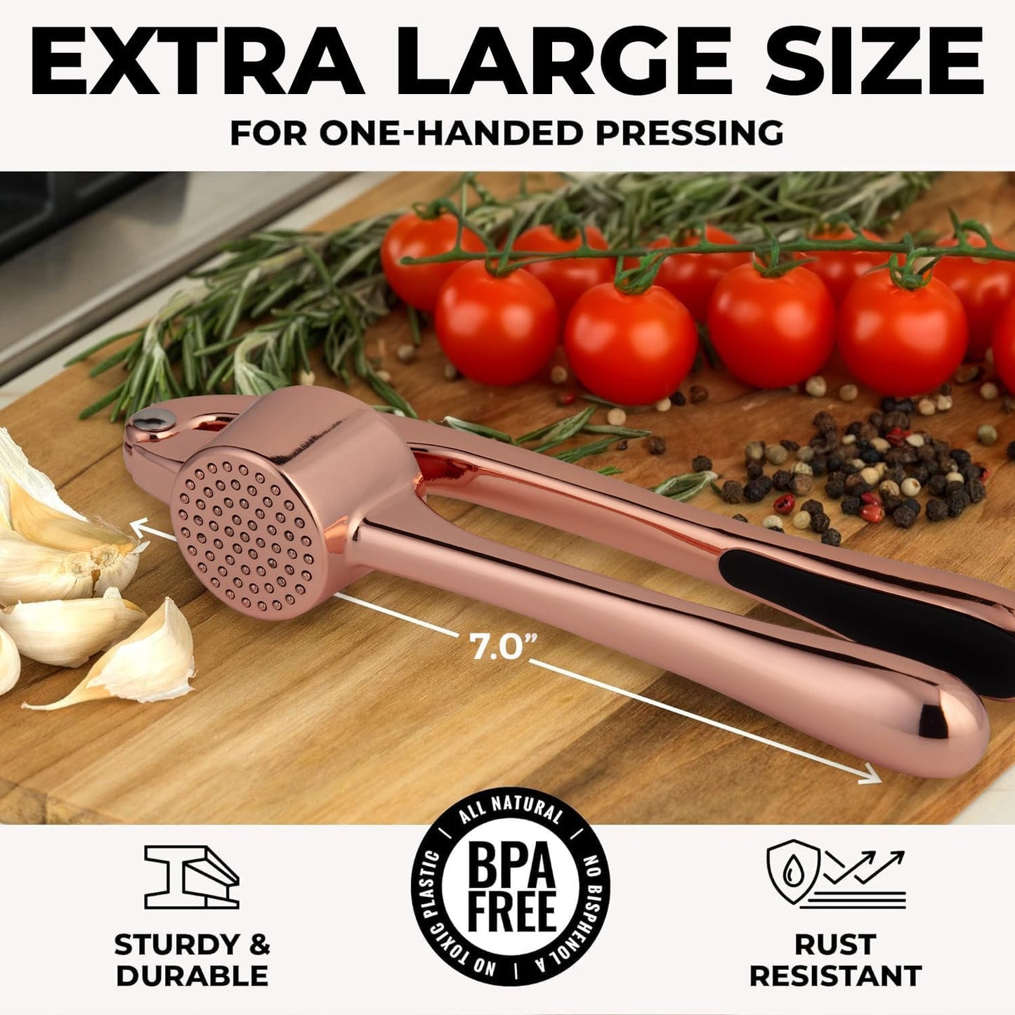 Zulay Kitchen Premium Garlic Press Set - Rust Proof & Dishwasher Safe Professional Garlic Mincer Tool - Easy-Squeeze, Easy-Clean with Soft Handle - Silicone Garlic Peeler & Brush (Rose Gold)
