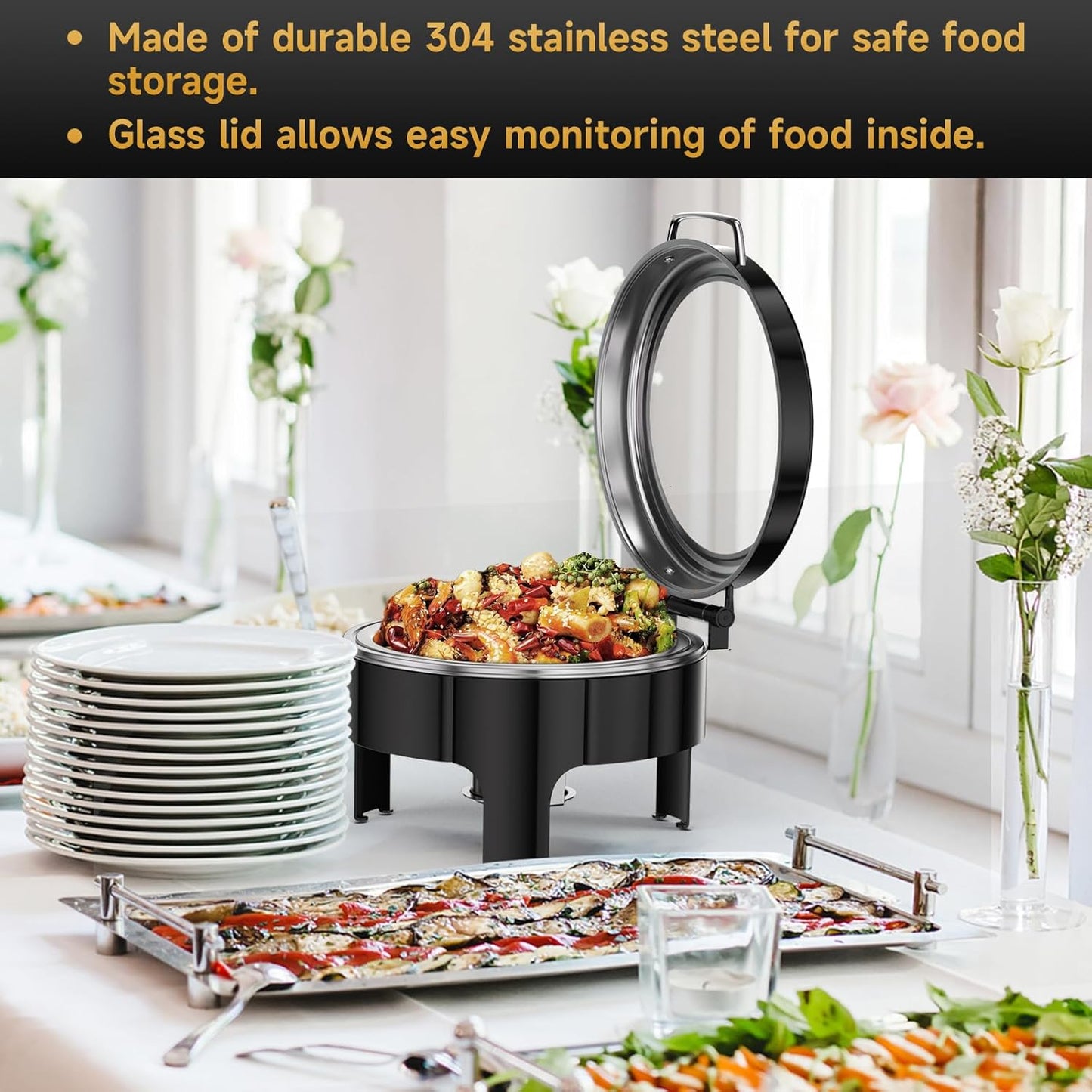 Chafing Dishes for Buffet, 6QT Round Stainless Steel Chafing Dish with Transparent Hydraulic Lid, 304 Food Pan, Buffet Warmer for Parties and Events (Black)