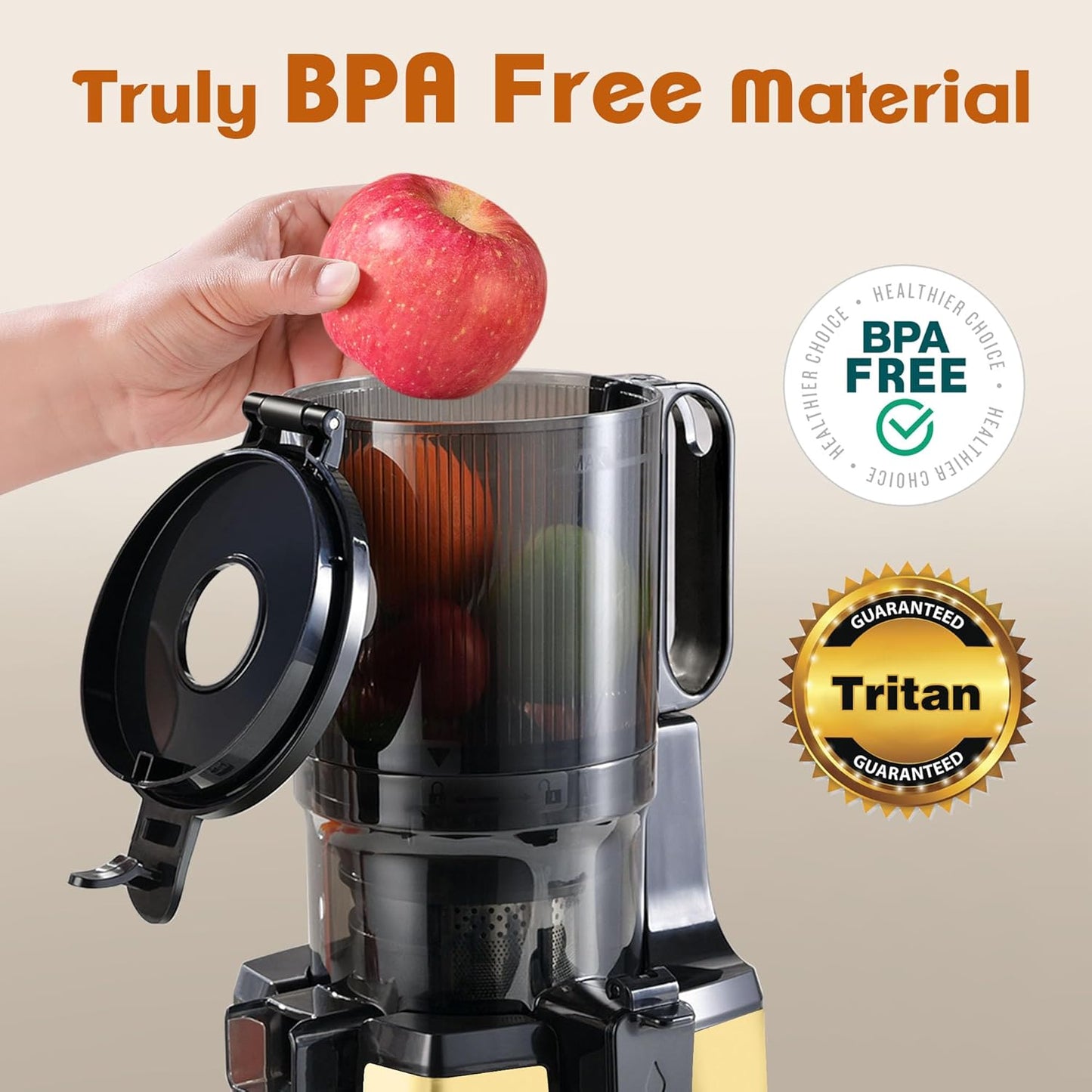 Cold Press Juicer Machines,Fretta 5.3'' Self Feeding Slow Masticating Juicers Fit Whole Fruits & Vegetable Easy Clean Juice Extractor,Tritan Material BPA Free 250W (Yellow)