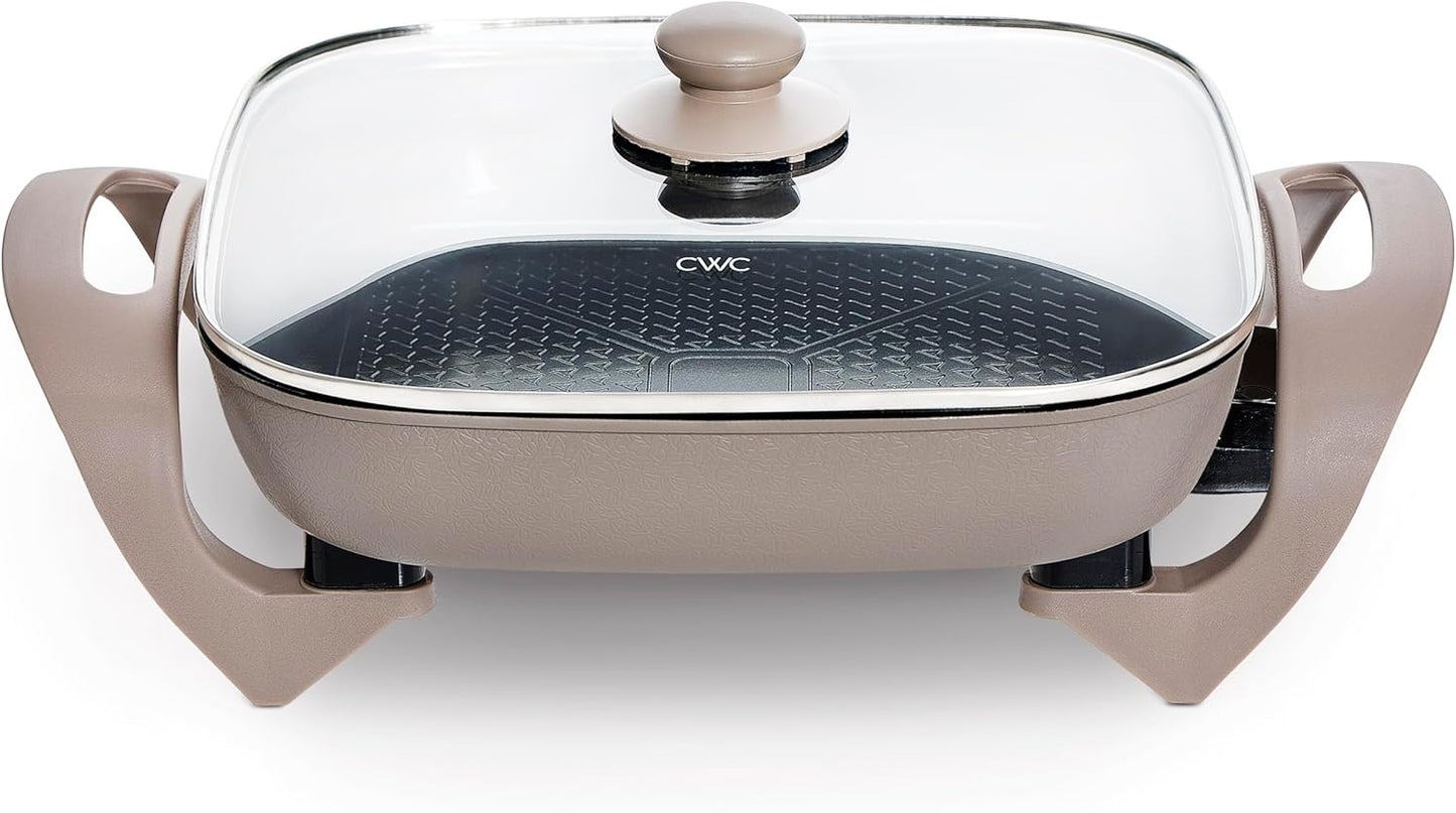 COOK WITH COLOR Electric Skillet - 12" x 12" Ceramic Nonstick Pan, PFAS-Free, 1400W, Tempered Glass Lid, Variable Temperature, Removable Heating Probe, Cool-Touch Handles, Greige