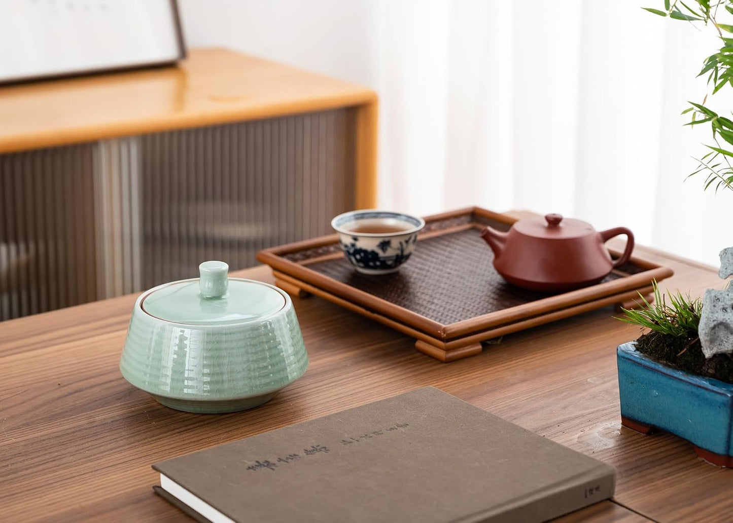 Retro Kitchen Ceramic Canister, 13.53 FL OZ (400 ML) Vintage Food Storage Jar for Tea, Coffee Beans, Herb, Candy, Spices, Nuts (Green(ICE))