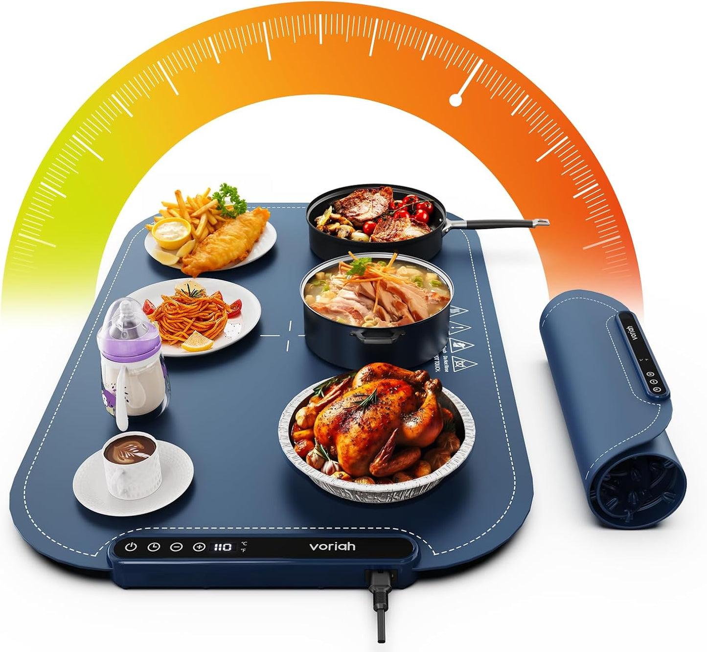 Warming Mat for Food, Voriah Electric Warming Tray with 99H Timer & 8 Temperature Settings, Foldable Food Warmer with °C/°F Switch, Keeps Food Warm at Buffets, Sabbath, Family Gatherings（Dark Blue）