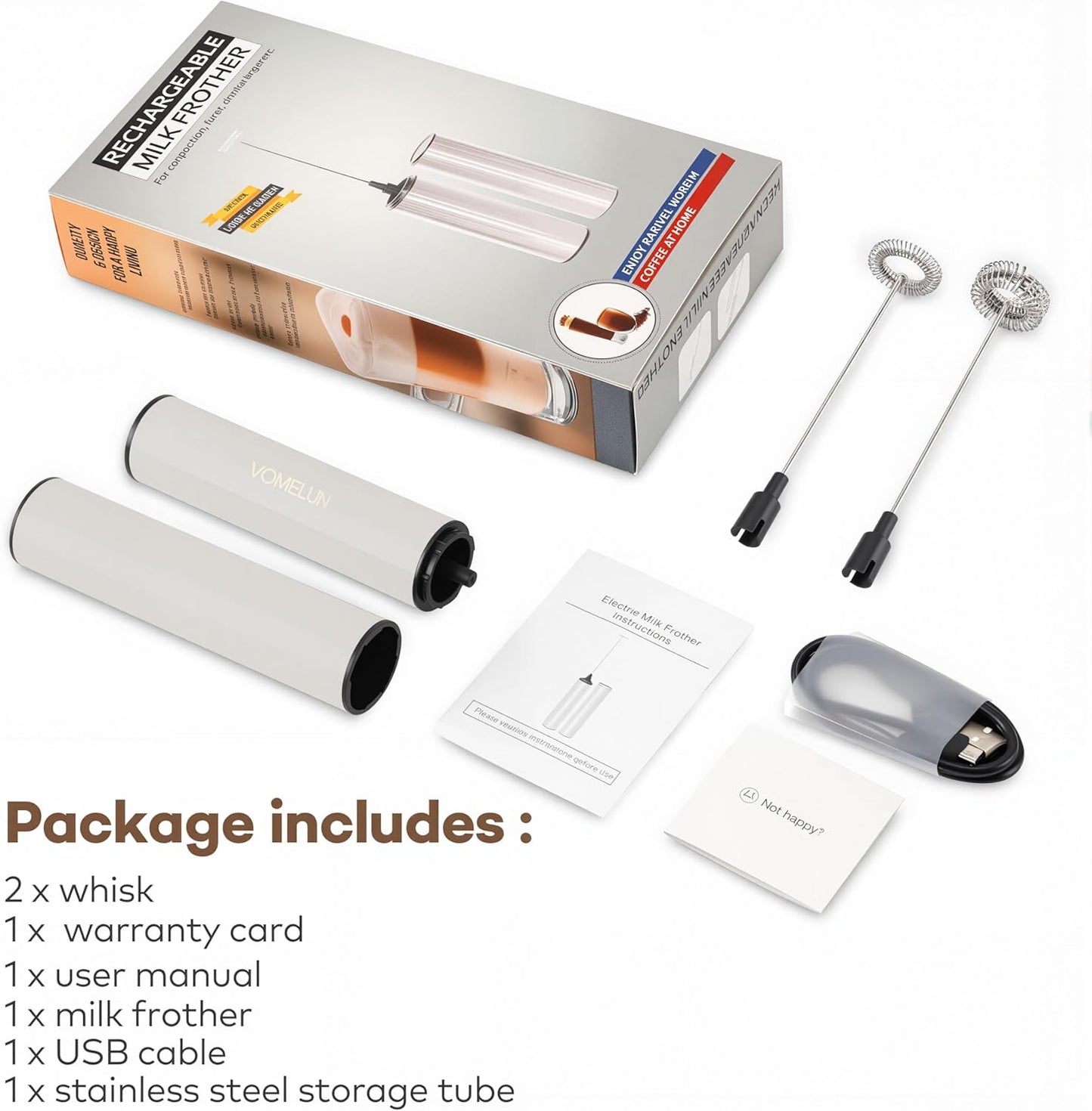 Milk Frother, Rechargeable Battery Operated Frother for Coffee,Portable Drink Mixer with 2 Stainless Steel Whisk Heads,Milk Foamer for Keto Coffee, Latte, Cappuccino, Hot Chocolate,White