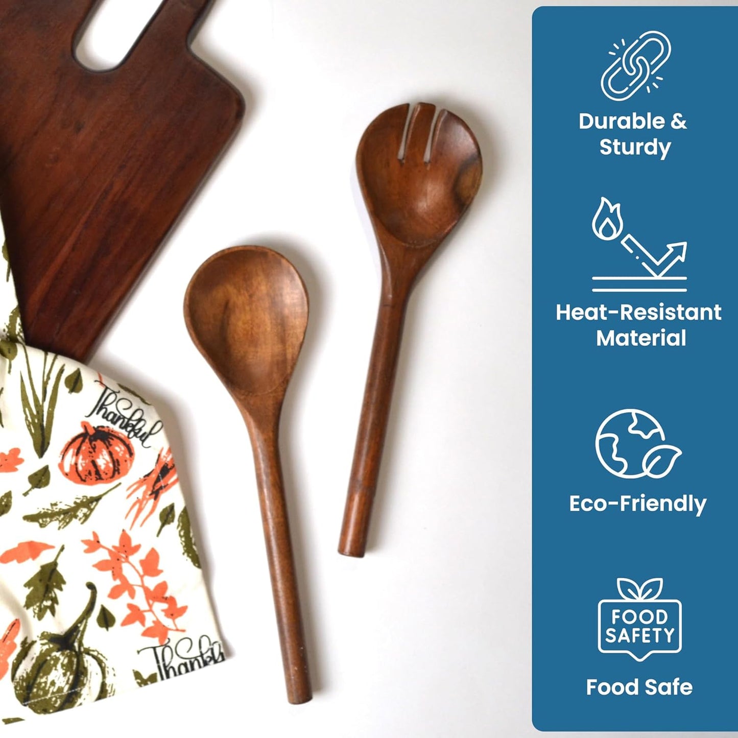 The Fine Living Co. Acacia Salad Servers, 11 Inches Wooden Spoon, Handcrafted Kitchen Utensils for Mixing, Tossing, Cooking (2-Piece Set, Walnut)