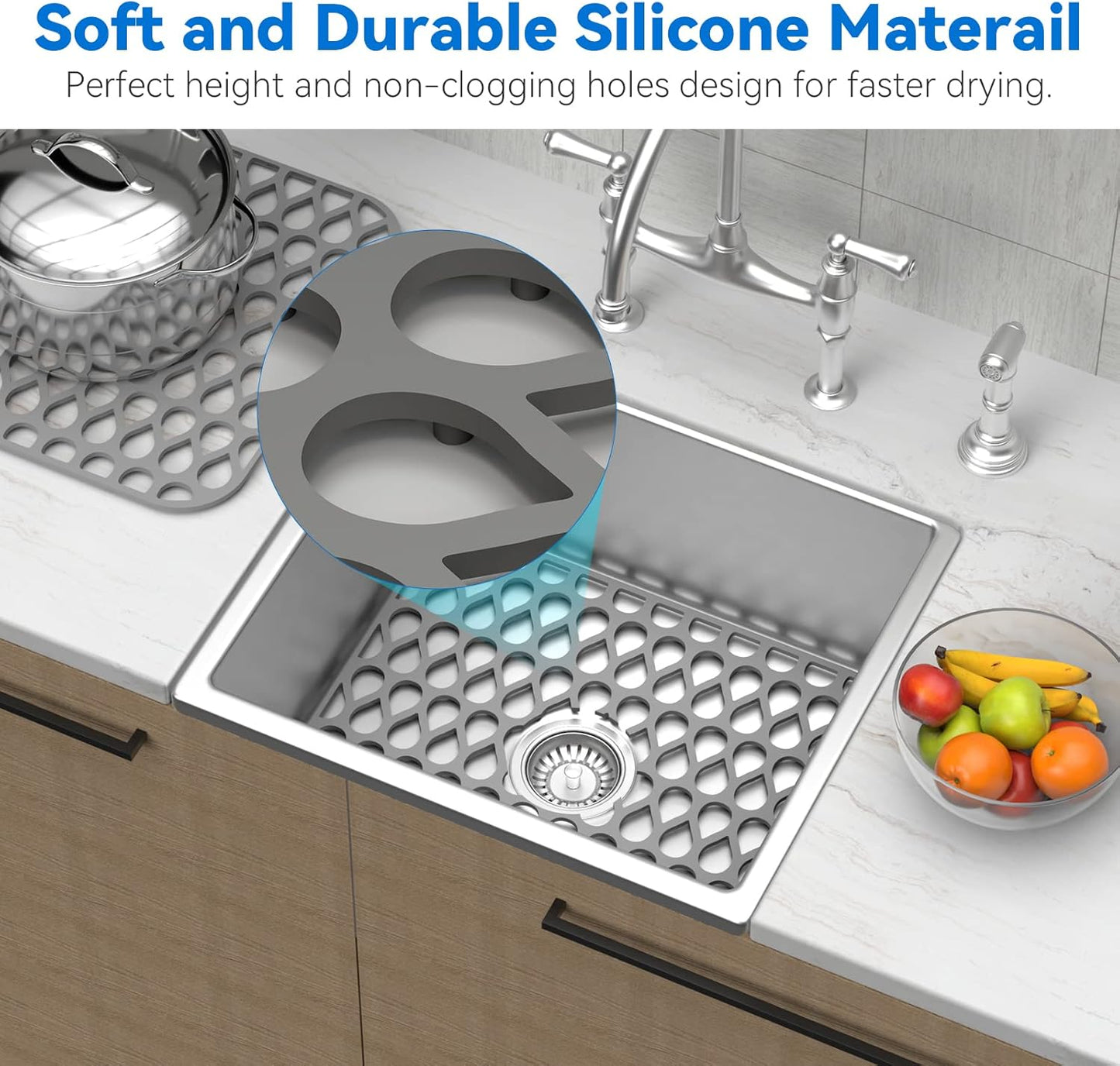 Sink Protectors for Kitchen, 1PCS TOOVEM 13.6"x11.6" Kitchen Sink Mats Large Grid for Bottom of Farmhouse Heat Resistant Silicone Grey