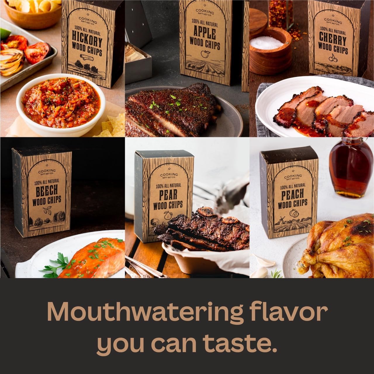 Large Wood Smoking Chips for Smoker - 6 Flavor Variety Pack of Natural Wood Chips - Apple, Hickory, Cherry, Peach, Beech, and Pear - Grilling Accessories for Smoker Grill, Charcoal and Gas Grill