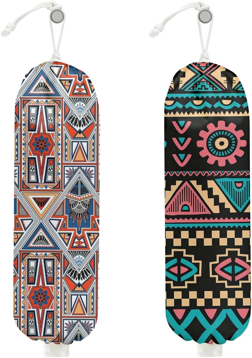 2 Pcs Retro Boho Plastic Bag Holder, Wall Mount Grocery Bag Holder for Plastic Bags, Abstract Art Farmhouse Kitchen Pantry Decor Reusable Grocery Bags Organizer Storage Dispenser