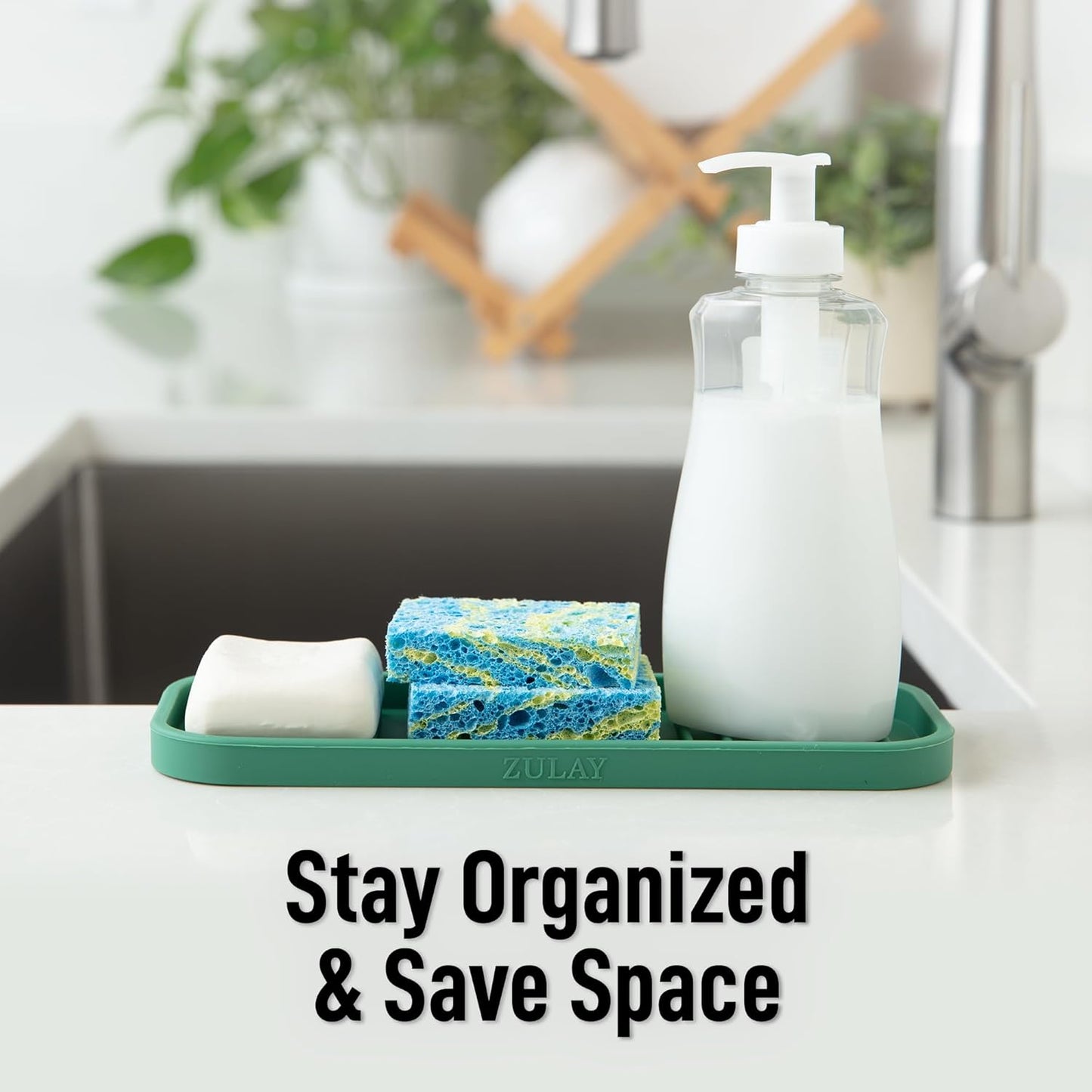 Zulay Kitchen (9x3.5) Silicone Sponge Holder for Kitchen Sink - Flexible Multipurpose Soap Tray - Sink Organizer for Kitchen, Bathroom, Makeup, Trinkets & More (Pine Green)