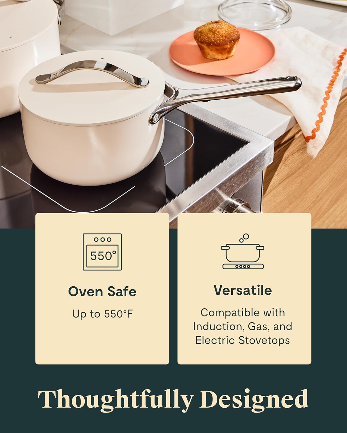 Caraway Nonstick Ceramic Sauce Pan with Lid (3 qt) - Non Toxic, PTFE & PFOA Free - Oven Safe & Compatible with All Stovetops (Gas, Electric & Induction) - Gray
