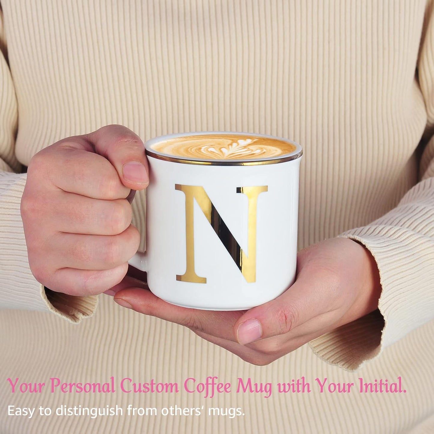 Miicol Ceramic Coffee Mug 16 oz, Monogram Coffee Cup, Golden Initial Tea Mug, Personalized Tea Cup, Unique Gift, Large Mug for Home, Office, Letter N