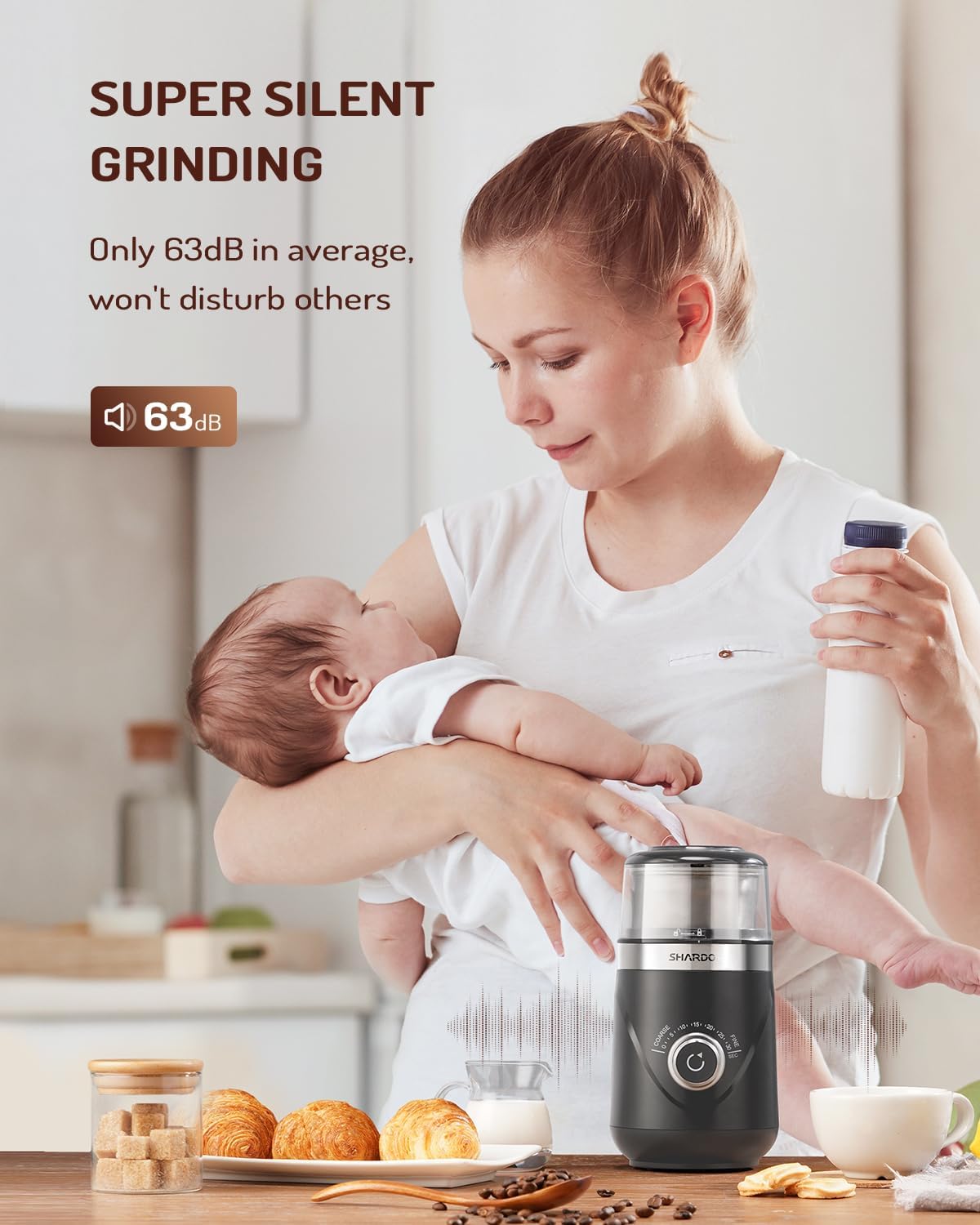 SHARDOR Electric Super Silent Blade Coffee Grinder, Timed Grind Control Rotary Knob, Adjustable Coarse to Fine for Coffee Beans, Spices & Herbs, with 1 Removable Stainless Steel Bowl,Light Gray