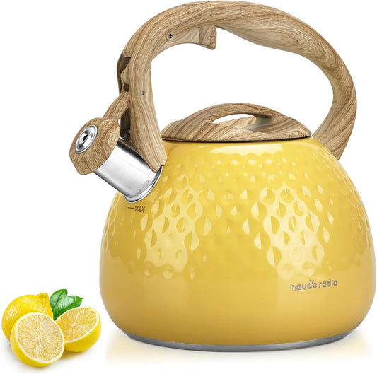 Tea Kettle, Stovetop Teapot, 2.5 Quart, Loud Whistle, Food Grade Stainless Steel and Smooth Wood Pattern Handle, Sophisticated Look for Hiking, Picnic, for Tea, Coffee, (Yellow)