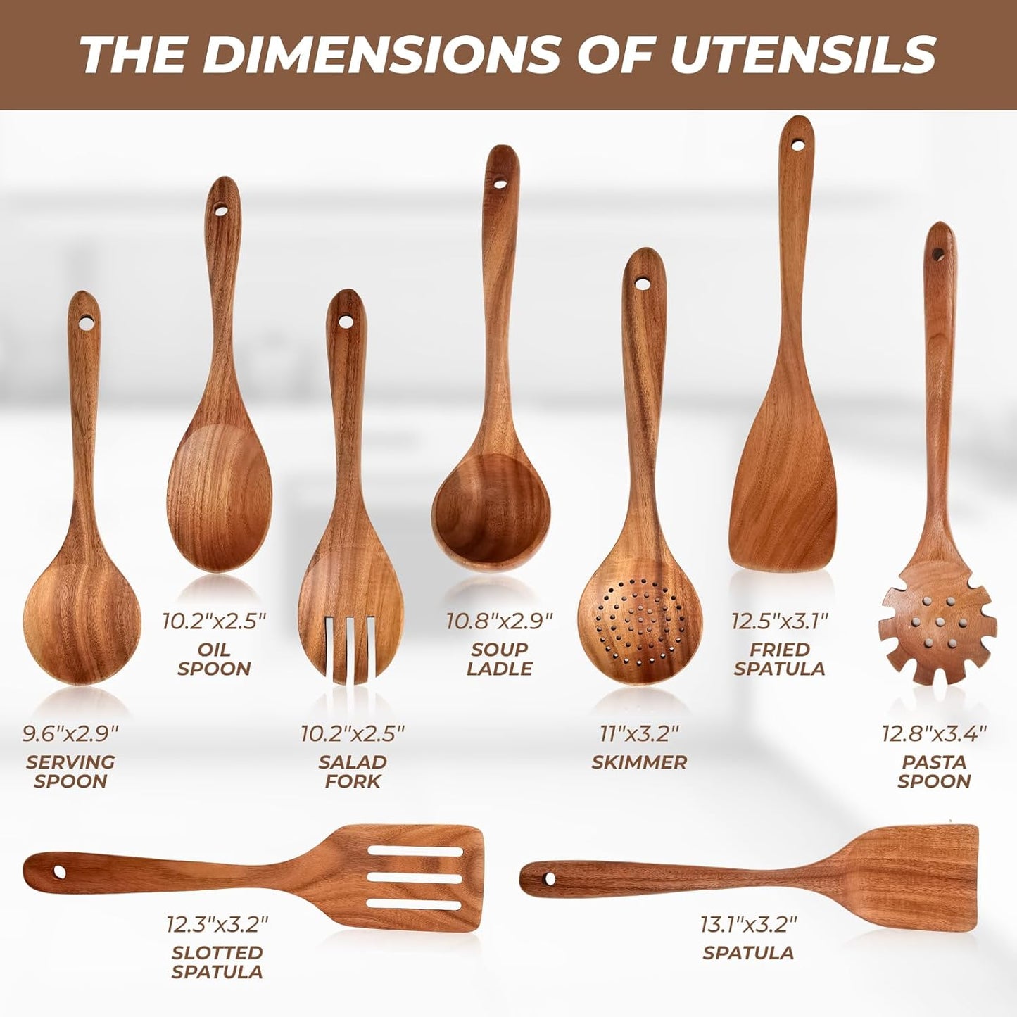 AIUHI Natural Teak Wood Kitchen Utensil Set, 9Pcs Wooden Spoons for Cooking, Cooking Utensils Set for Nonstick Cookware, Durable & Heat Resistant