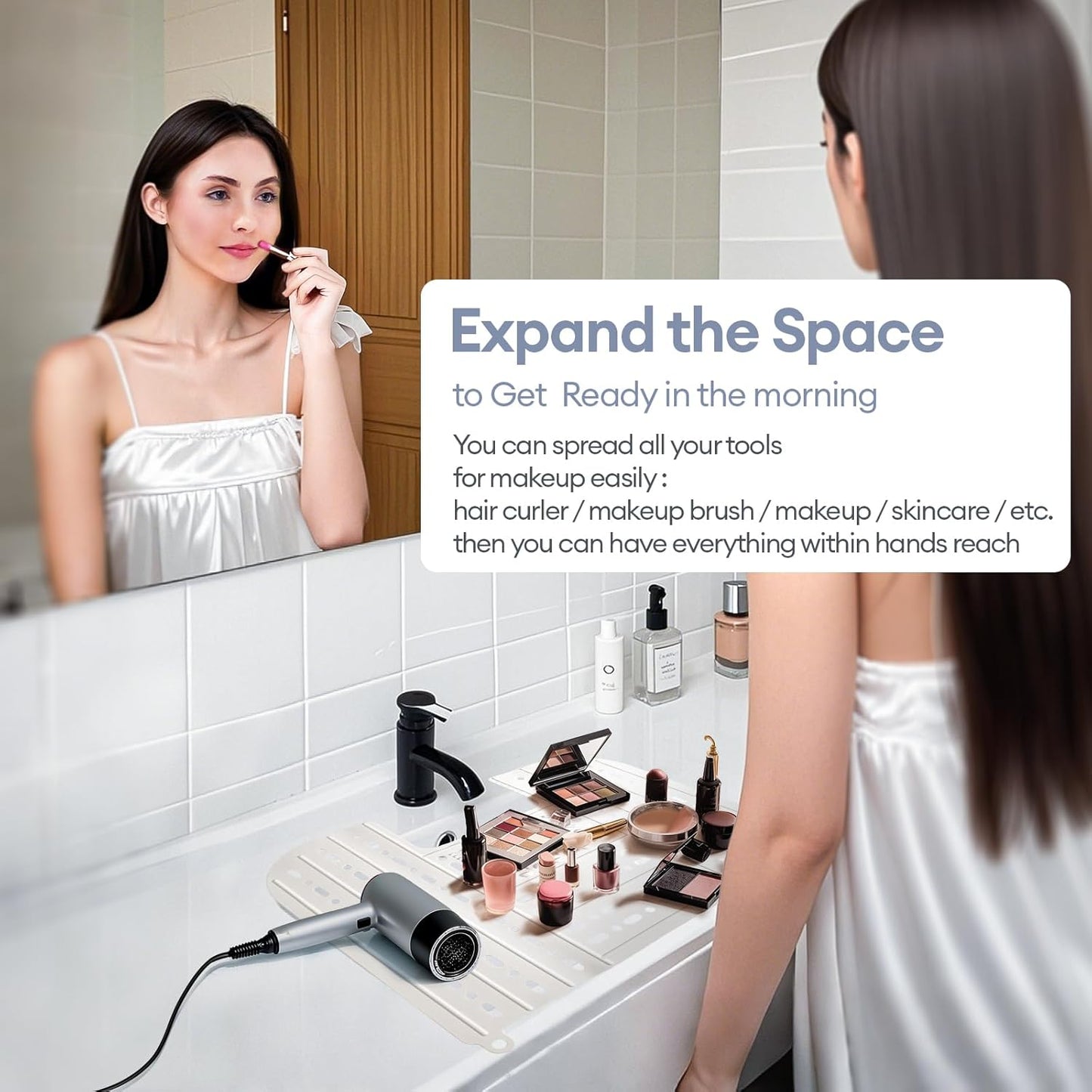 IeBilif Bathroom Sink Cover for Counter Space, Foldable Sink Covers, Makeup Organizer Mat Space Saver with Hanging Loop, Silicone Makeup Brush Cleaner Mat for Bathroom(White)