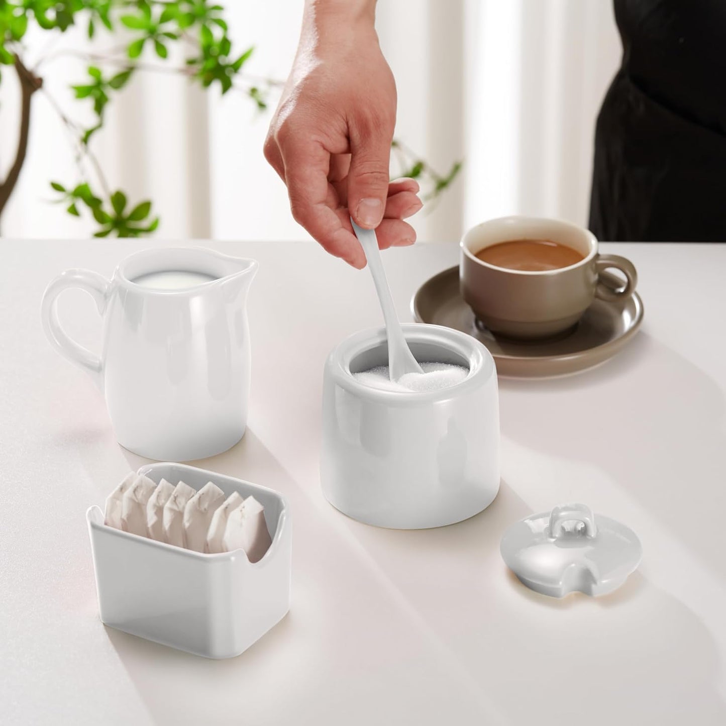 KooK Sugar and Creamer Set, 3 Piece, Pitcher, Sugar Bowl with Lid and Spoon, Sweetener Holder (White)