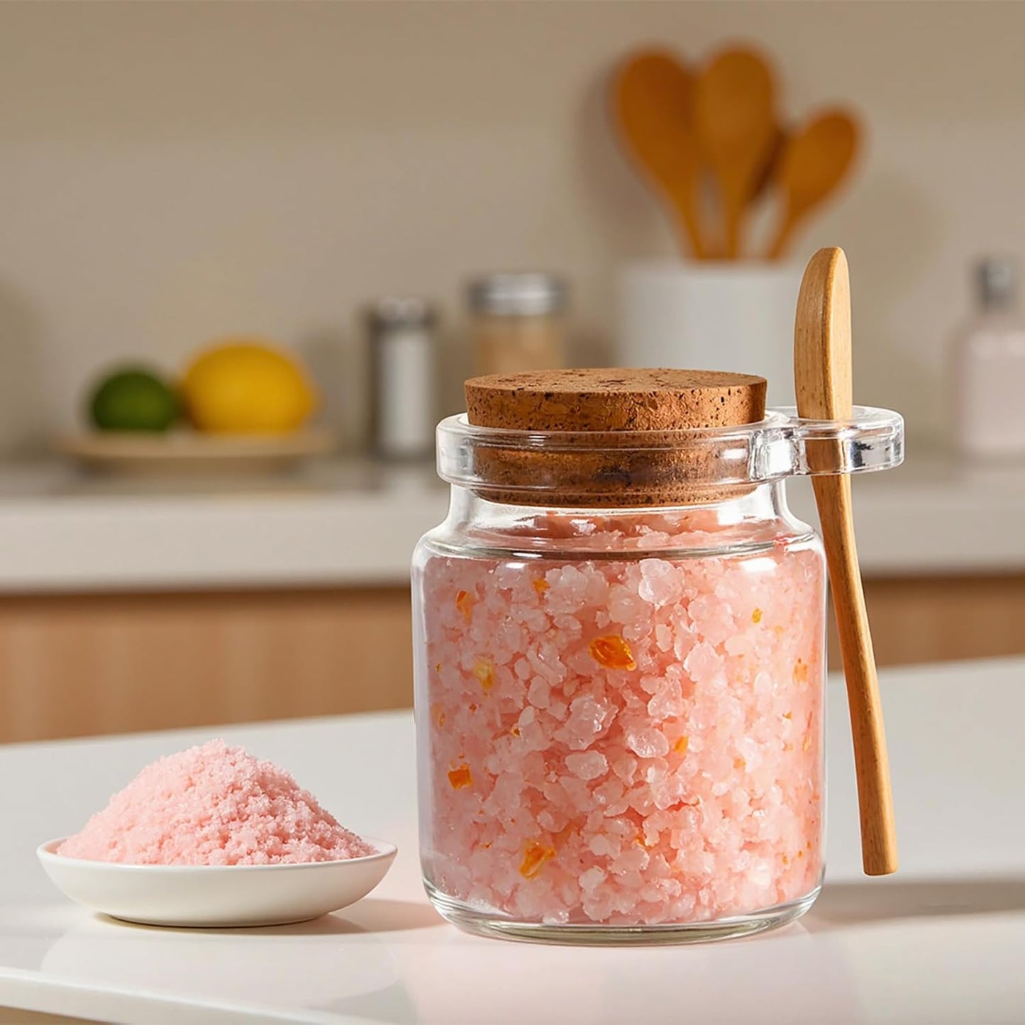 Ahhute Glass Sugar Scrubs Jars, Bath Salt Container 8oz, Salt Cellar with Spoon, Honey Scrubs Jars w/Lids, Labels and Cleaning Brush, Set of 12