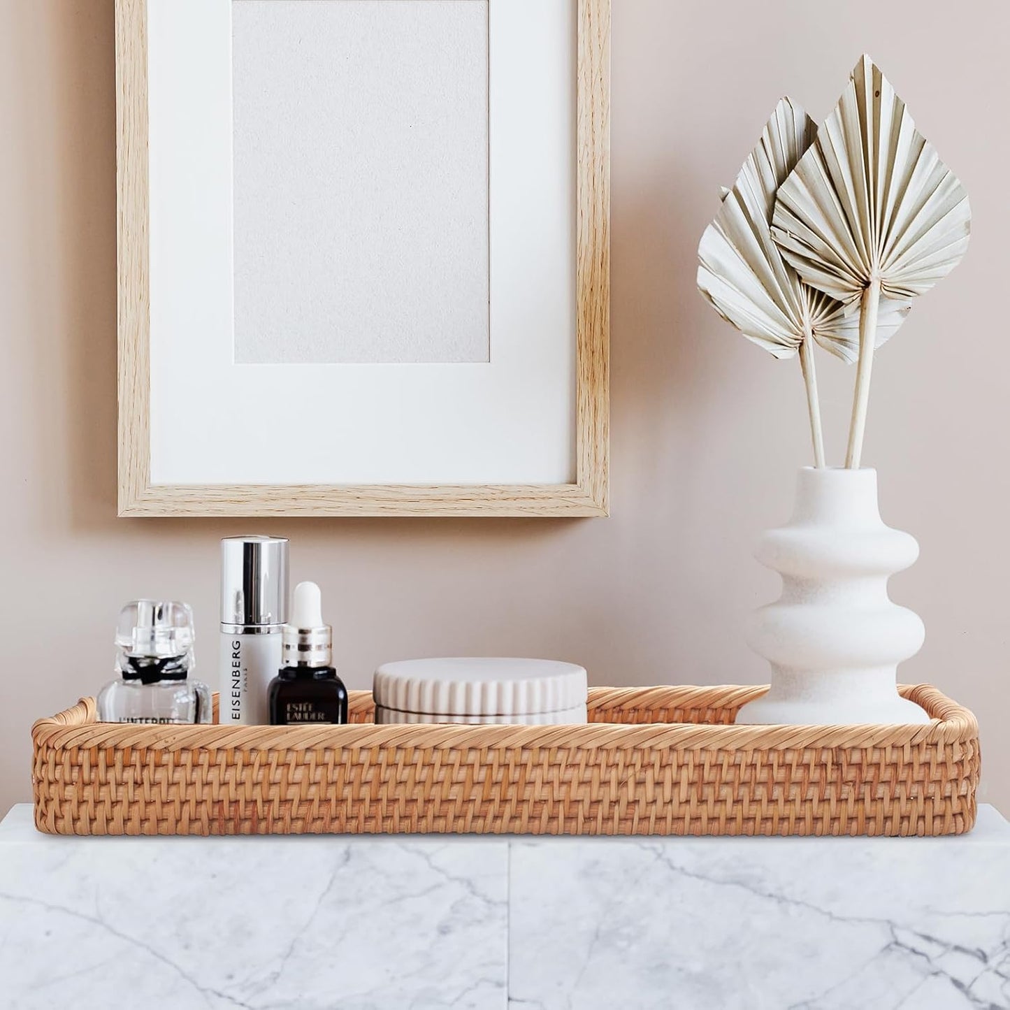 Rattan Bathroom Vanity Tray, Toilet Tank Basket Tray for Paper Hand Towel, Bathroom Counter Tray for Organizing and Decor (Natural, 16.3" x 6.1" x 2")