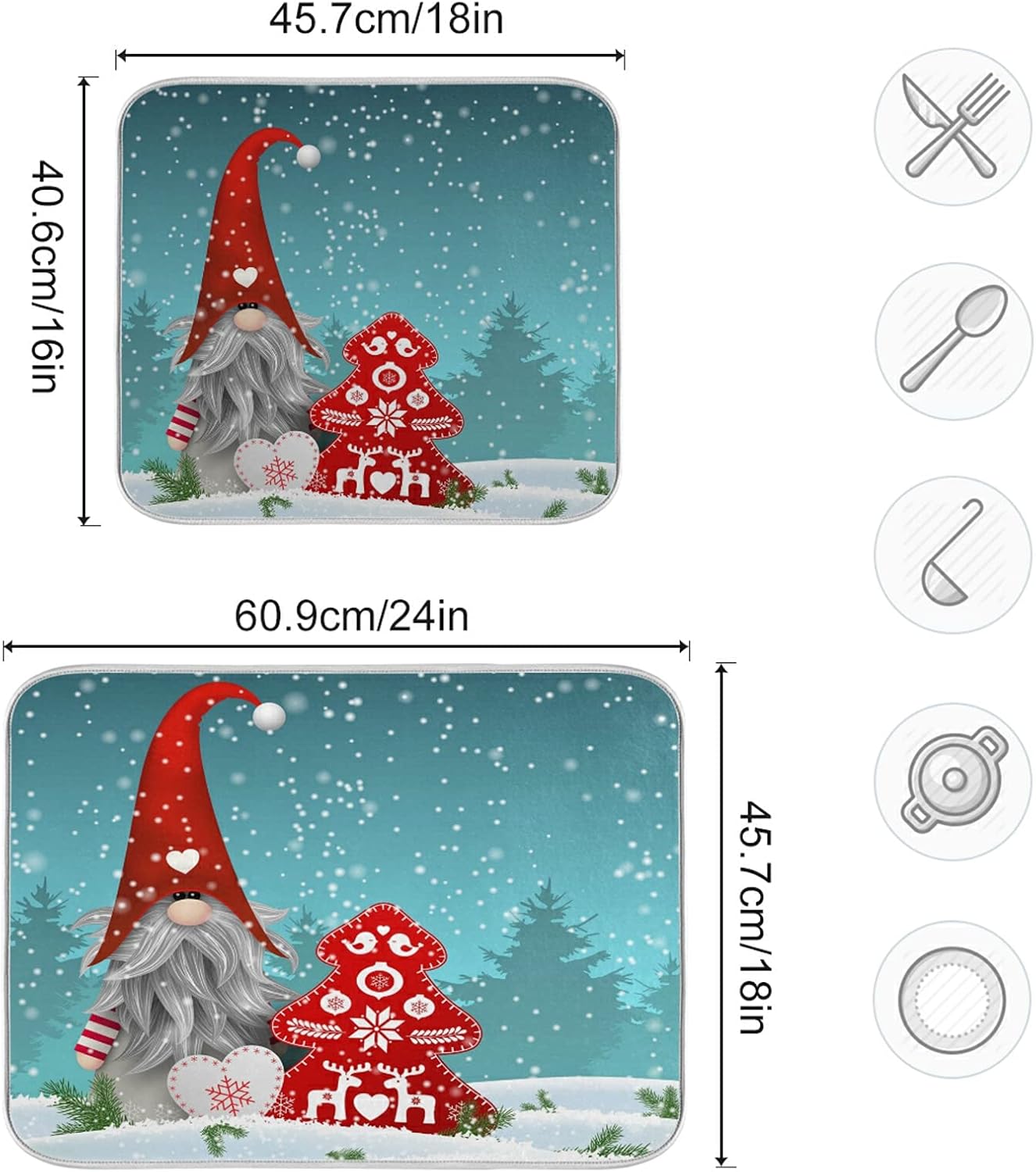 Super Absorbent Dish Drying Mat, Microfiber Fast-Drying Dish Mat, 16" x 18", Kitchen Dish Drying Pad, Watercolor Cute Christmas Gnome…