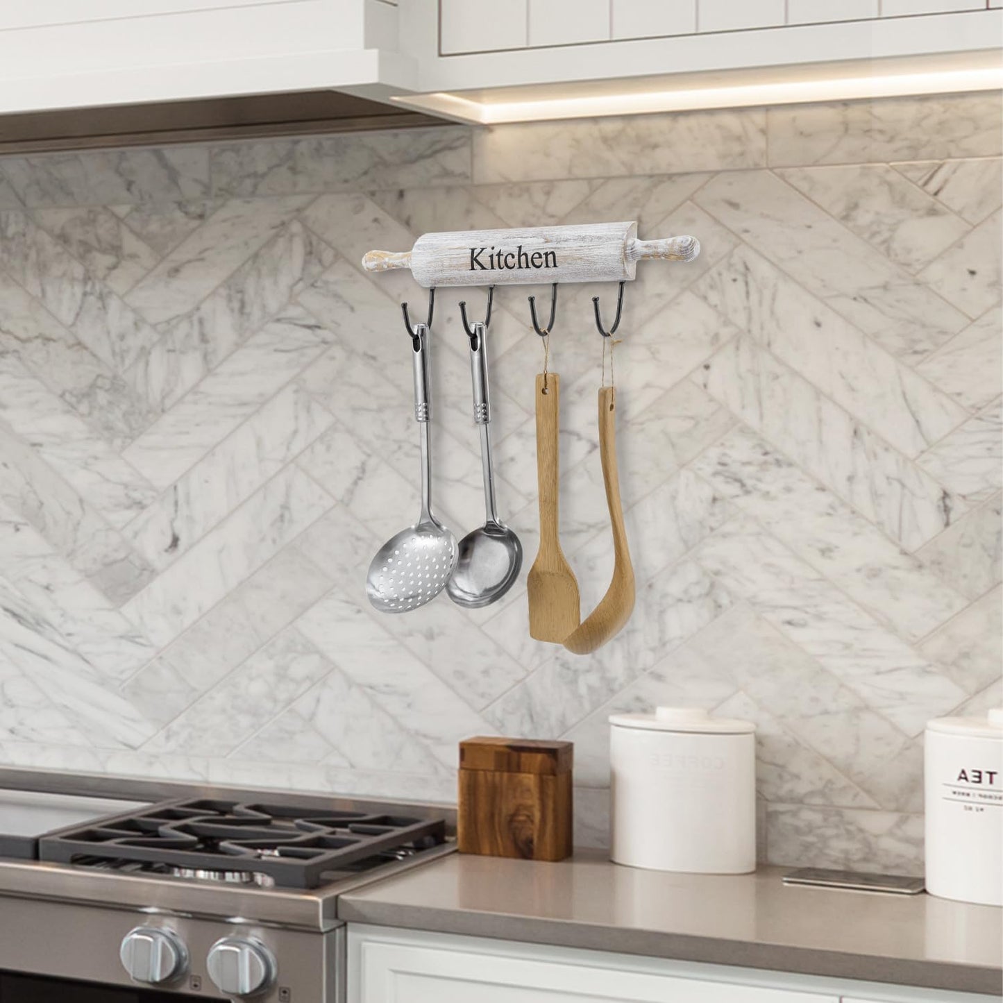 MyGift Wall Mounted Kitchen Utensil Rack, Rustic White Washed Wood Rolling Pin Cooking Tool Hanger with 4 Hooks for Aprons, Dish Towel, Mugs, Spoons