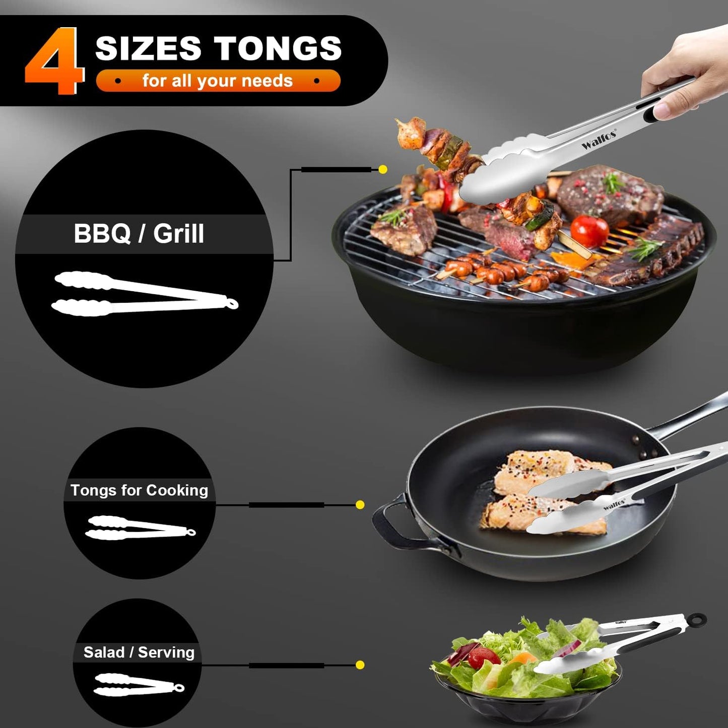 Walfos Stainless Steel Kitchen Tongs for Cooking, BBQ - 7 ，9, 12 and 14 Inch,Set of 4 Heavy Duty Locking Metal Food Tongs Non-Slip Grip