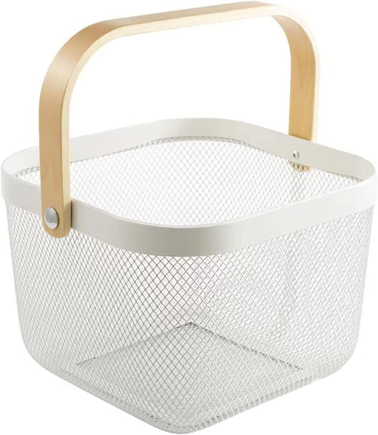 Metal Mesh Steel Basket, Storage Organizer Basket Multi-functional Hanging Kitchen Baskets Fruit Basket Bin with Bamboo Handle for Kitchen Bathroom Picnic Shopping Decor Cabinet Home, White
