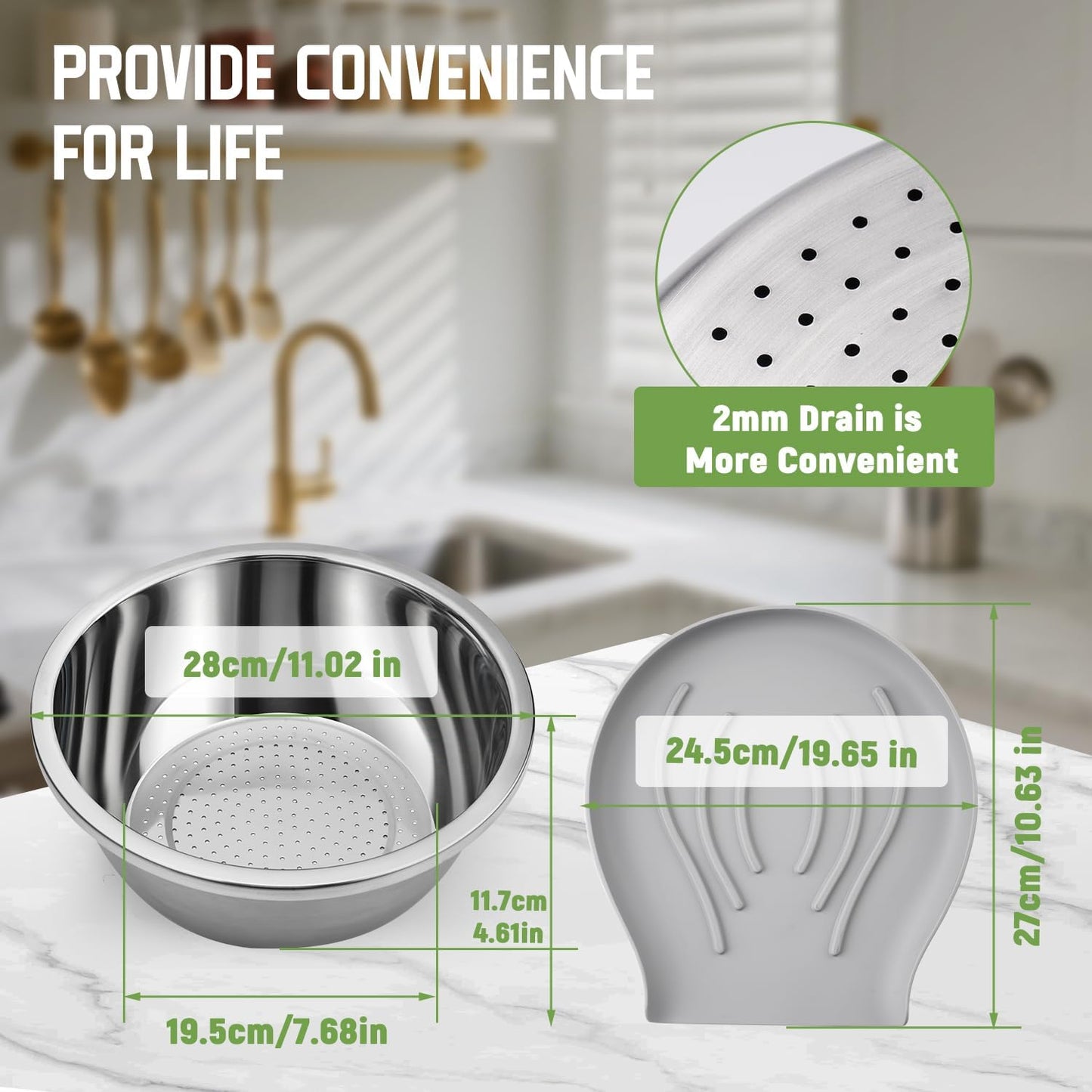 304 Stainless Steel Colander with Self-Draining Base, Goldusk 5QT Food-Grade Silicone Base Large Colander Strainer for Kitchen Pasta Strainer Washing Bowl for Pasta Rice Fruits Vegetables