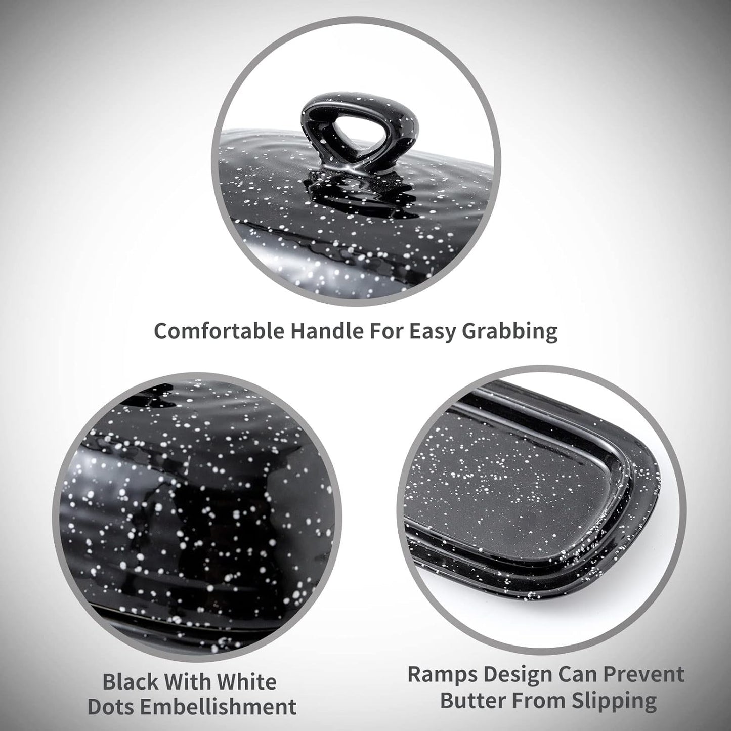 Hasense Butter Dish with Lid, Ceramic Butter Dish with Cover for Countertop, Porcelain Butter Keeper Holder with Handle Design for East West Coast Butter, Butter Tray with Lid for Fridge, Black