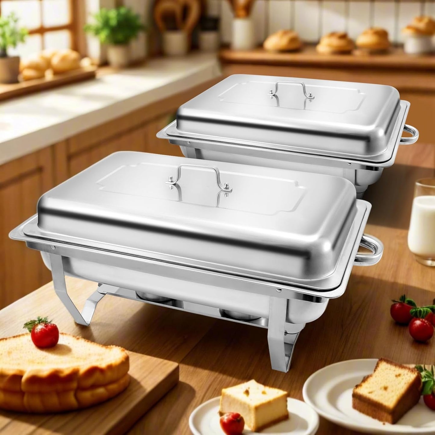 8 Qt 2 Pack Full Size Stainless Steel Chafing Dishes Buffet Set, Silver Rectangular Catering Chafer Warmer Set with Trays Pan Lid Folding Frame Stand for Kitchen Party Banquet Dining