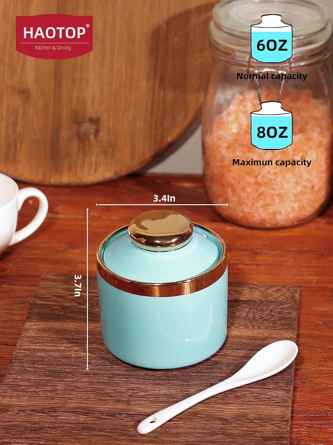 HAOTOP 8 oz Sugar Bowl with Lid and Spoon, Simple Ceramic Sugar Jar Sugar Dispenser Sugar Container Coffee Bar Accessories, Modern Kitchen Countertop Canisters, Turquoise
