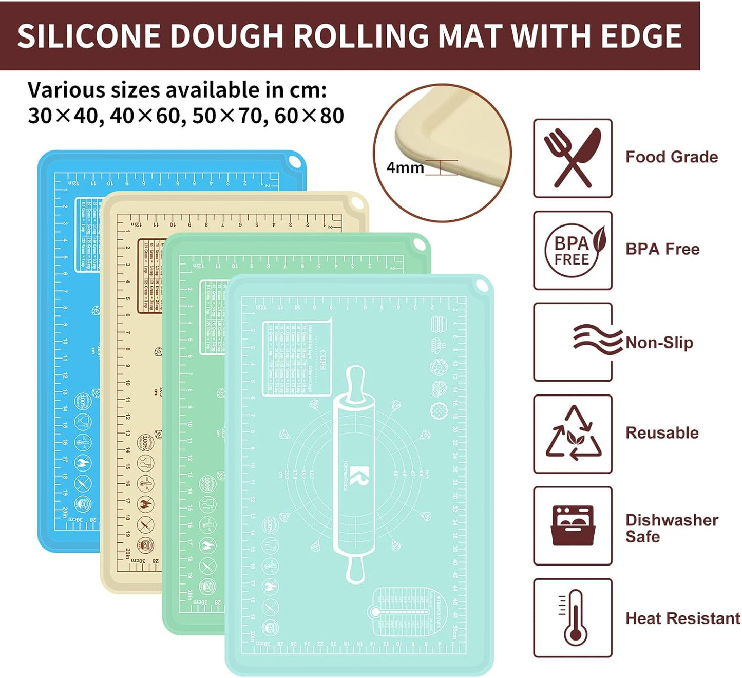 Silicone Baking Mat 20"L x 28"W, Extra Thick Dough Rolling Pad with Measurements and Edge Heightening, Non-stick Food Grade Silicone Pastry Mat for Pastry, Bread, Cookies