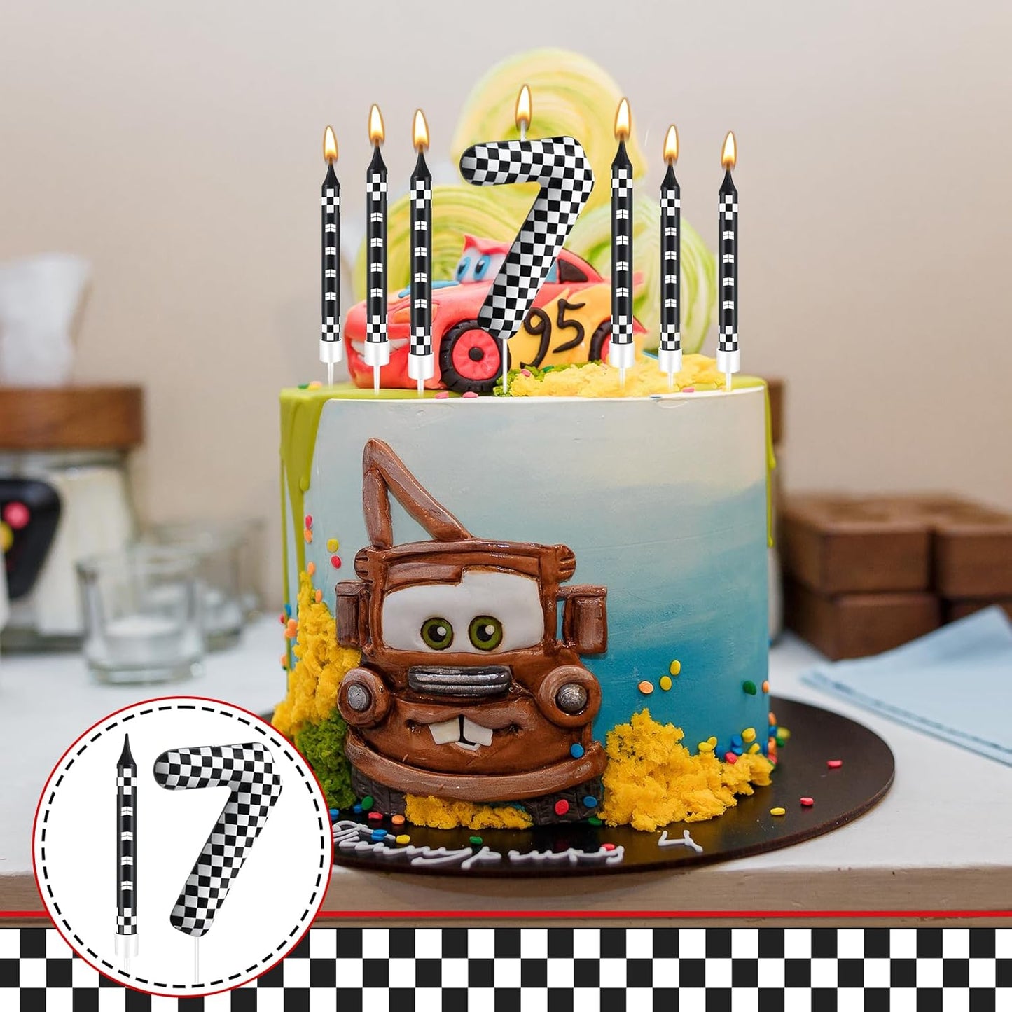 13 Pcs Racing Cars Themed Birthday Candles Black and White Race Number 7 Checkered Candle Cake Topper for Racing Car Party Decoration Supplies (Number 7)