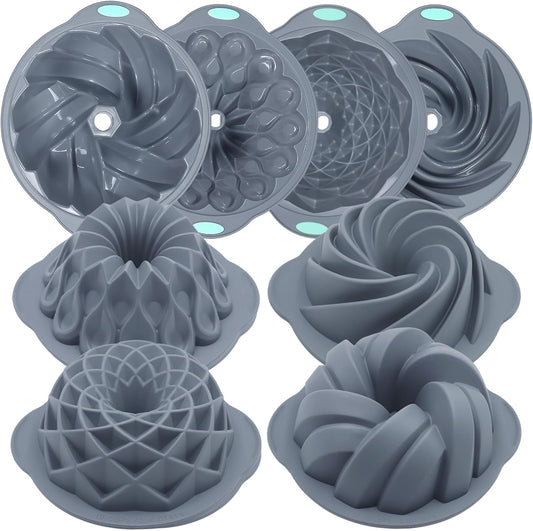 Tongjude 4 Pieces Silicone Fluted Cake Pans, 10/12 Cups Tube Baking Pan, Silicone Molds for Homemade Cake, Bread and Jello, Non-Stick, Grey