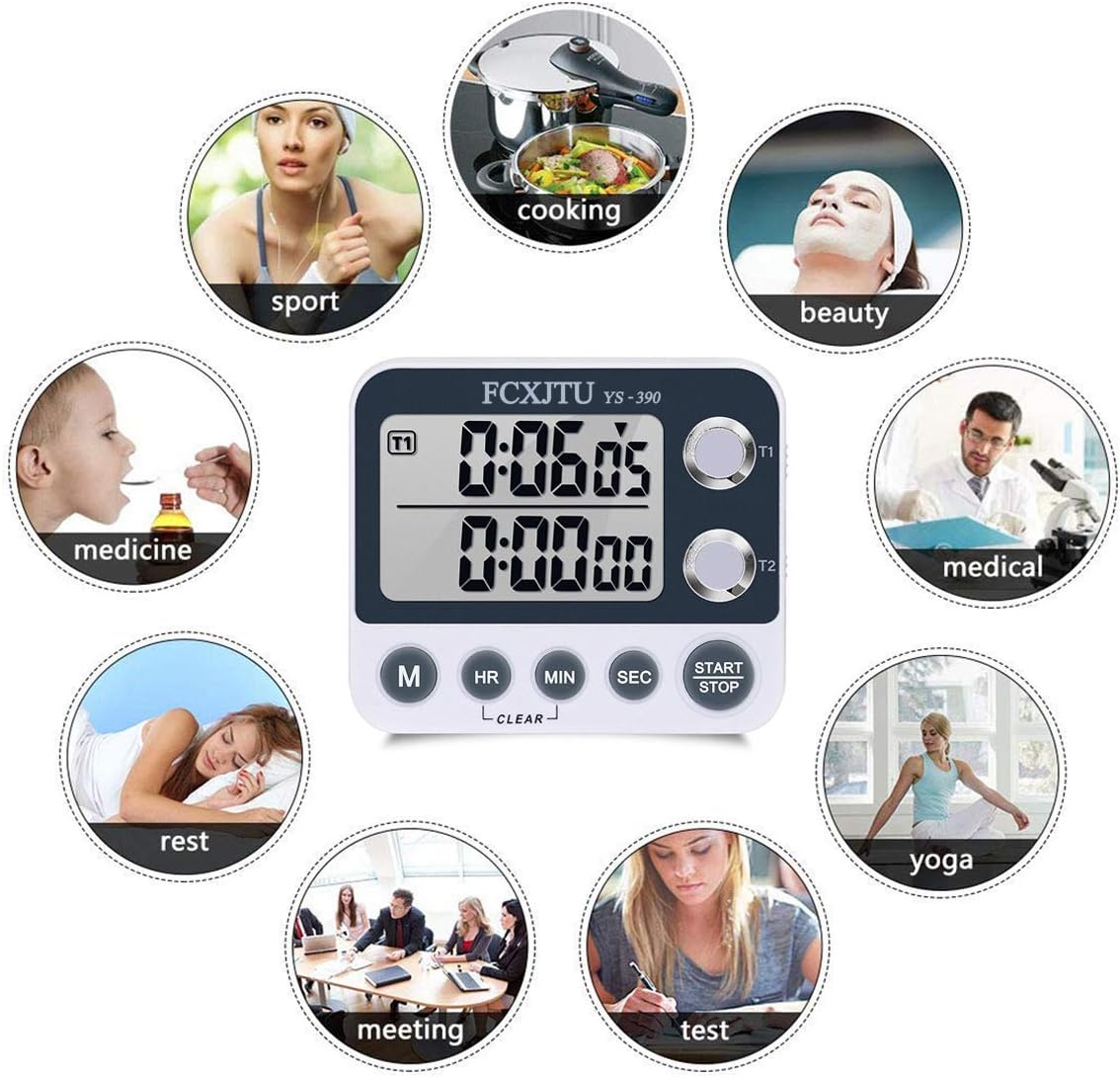Digital Dual Kitchen Timer with Magnetic Back & Memory Presets, 2 Groups Countdown/Up Stopwatch Timer, 3-Level Volume + LED Alert, On/Off, 100Hr Max for Cooking, Baking (Battery Included)