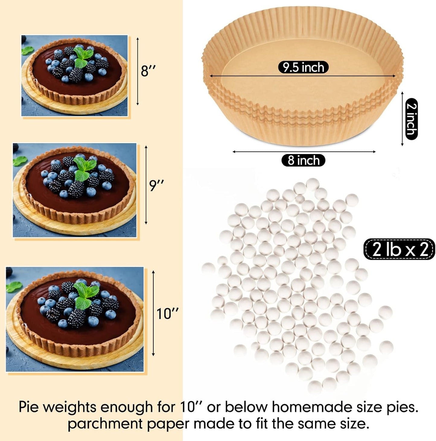 2 Pack White 2 lb Pie Weights for Baking Crust Ceramic Weights Blind Baking Beads with 50 Pcs Disposable Parchment Paper Pie Liner Fit 8,9,10 Inch Dish