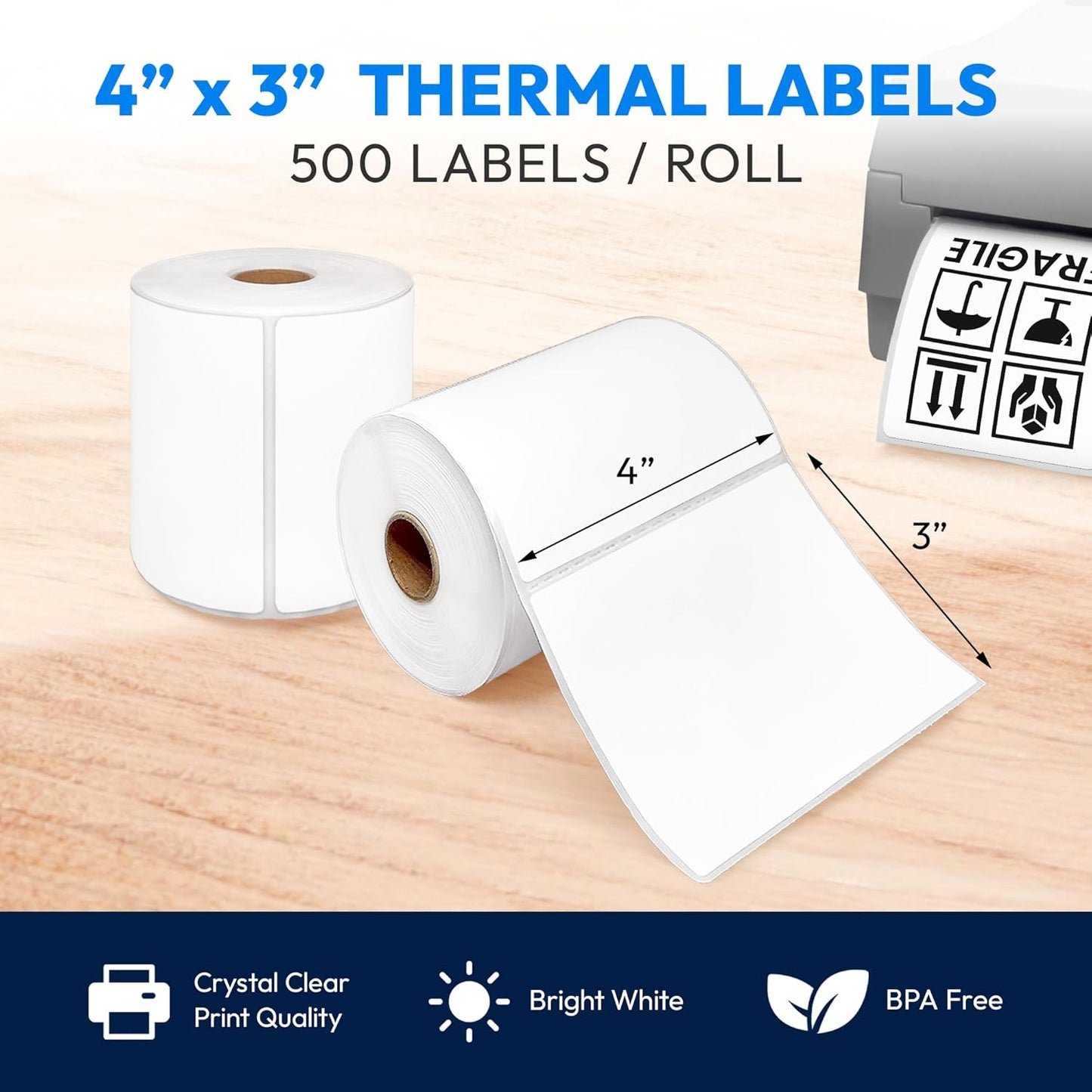4x3 Direct Thermal Label, Barcode Address Mailing Name Shipping Labels, Perforated Thermal Stickers, Multipurpose, Commercial Grade for Thermal Printer, Strong Adhesive, 500/Roll, 4 Rolls