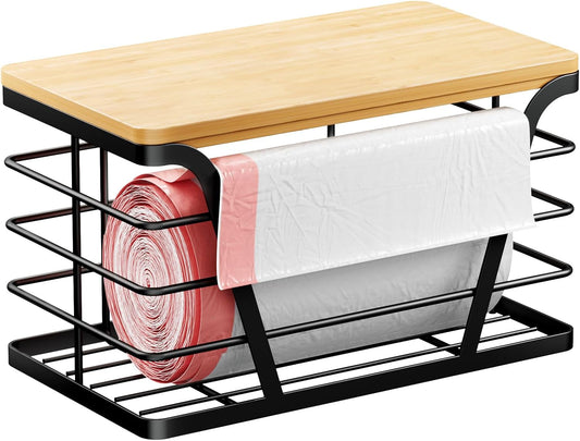 Small Grocery Bag Holder, Trash bag holder with Removable Bamboo Top, Wall Mount, No Drill, Stainless Steel, Black