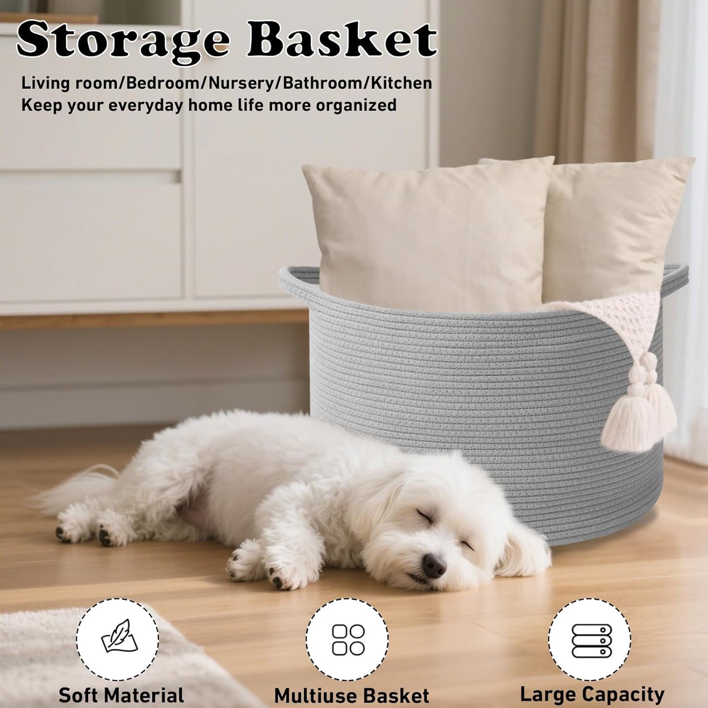 Large Blanket Basket for Organizing,115L Closet Organizers and Storage Bins Box for Shelves Woven Rope Storage Baskets,Living Room,Bedroom,Dorm,Laundry room (Light Grey)