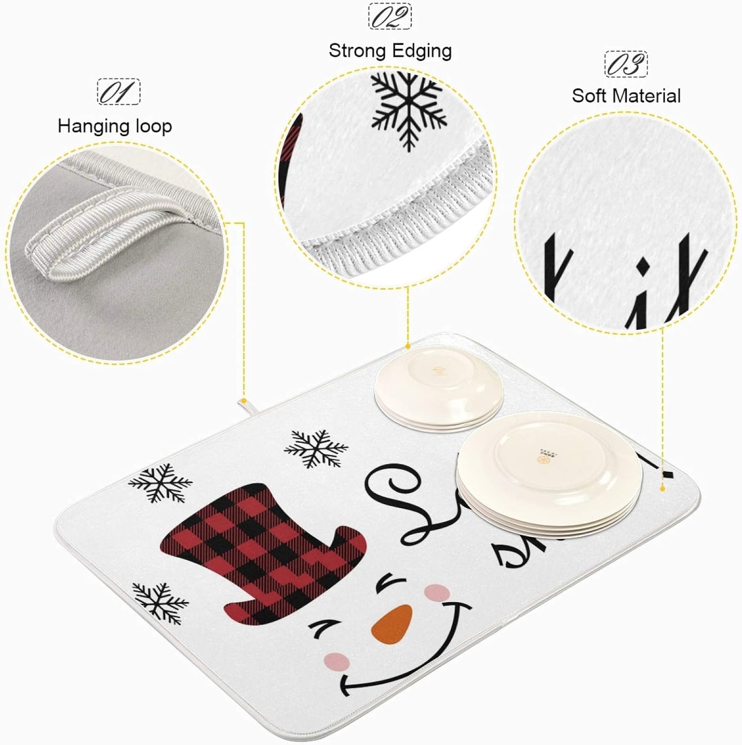 Super Absorbent Dish Drying Mat, Microfiber Fast-Drying Dish Mat, 24" x 18", Kitchen Dish Drying Pad, Watercolor Cute Christmas Winter Snowman