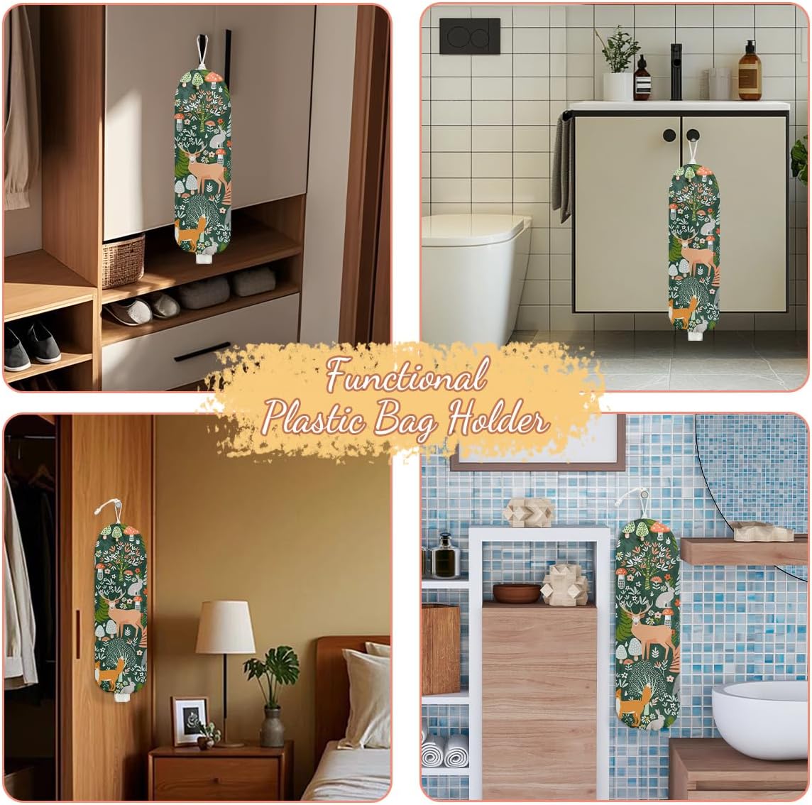 Forest Animals Plastic Bag Holder, Wall Mount Grocery Bag Holder, Plastic Storage bag, Pull Rope Free Adjustment, Plastic Bag Holders for Grocery Bags, Plastic Bag Dispenser for Home Kitchen