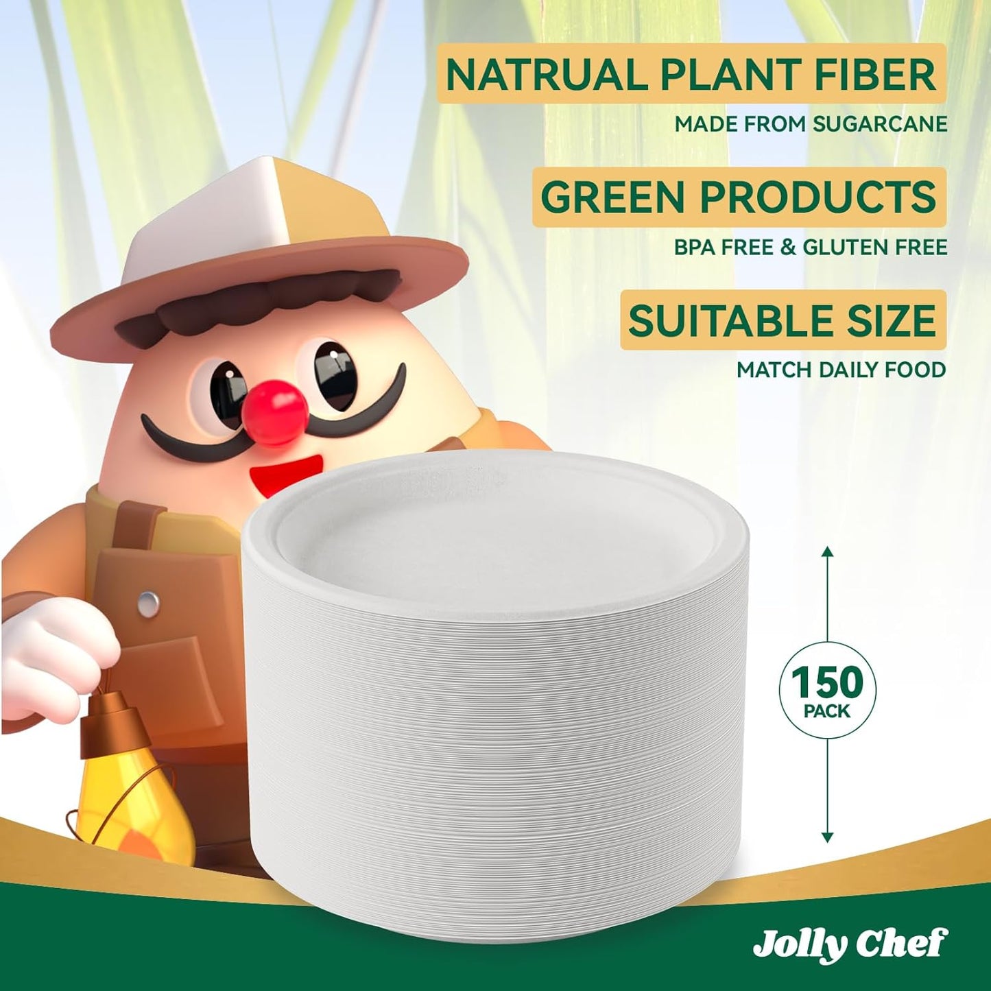 JOLLY CHEF Compostable Heavy Duty Plates 9 Inch [150 Pack] Eco-Friendly Disposable Natural Paper Plates Bagasse Biodegradable Bulk for Party Dinner Sugarcane Fibers Round 150 Count(White)