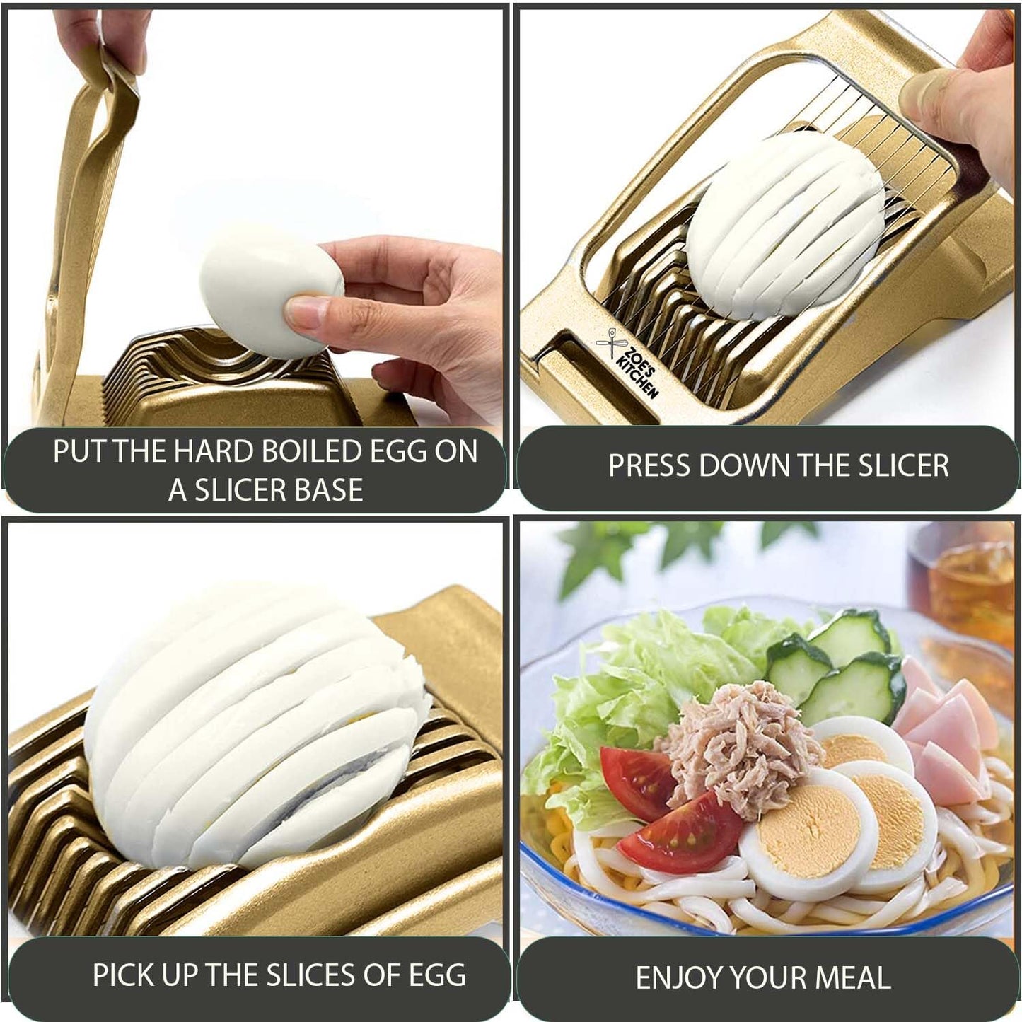Zoe's Kitchen Good Grip Egg Slicer for Hard Boiled Eggs Heavy Duty Professional Large Aluminum Egg Slicer with Stainless Steel Wires Kitchen Aid Egg, Strawberry Slicer Hard Boiled Egg Cutter (Golden)
