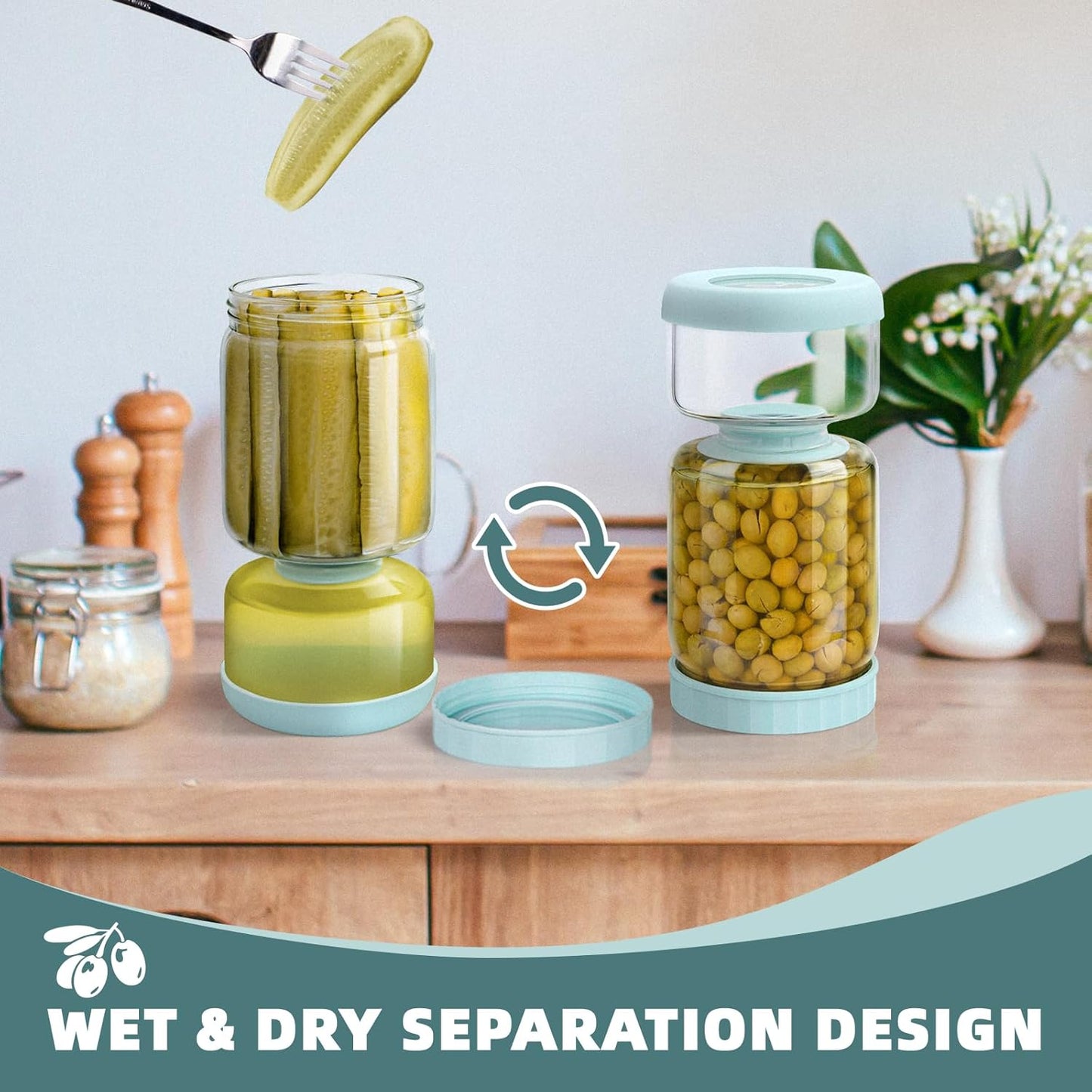 Luvan Hourglass Pickle Jar with Strainer Flip - 46oz Glass Container for Pickles, Olives & Jalapenos, Leakproof Airtight Lid, BPA-Free Juice Separator, Dishwasher Safe Storage Solution