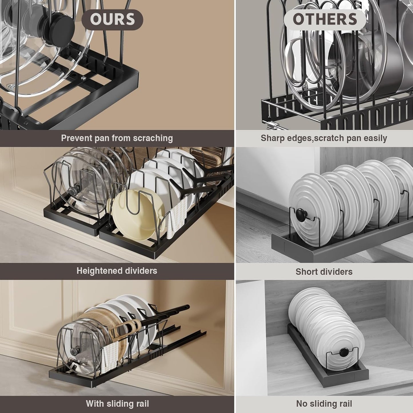 Pots and Pans Organizer Under Cabinet, 22" Deep Expandable Pull Out Pot Lid Organizer and Storage with 10 Adjustable Dividers No Drill Pot and Pan Holder Rack with Handle Bracket(1 Pack,Black)