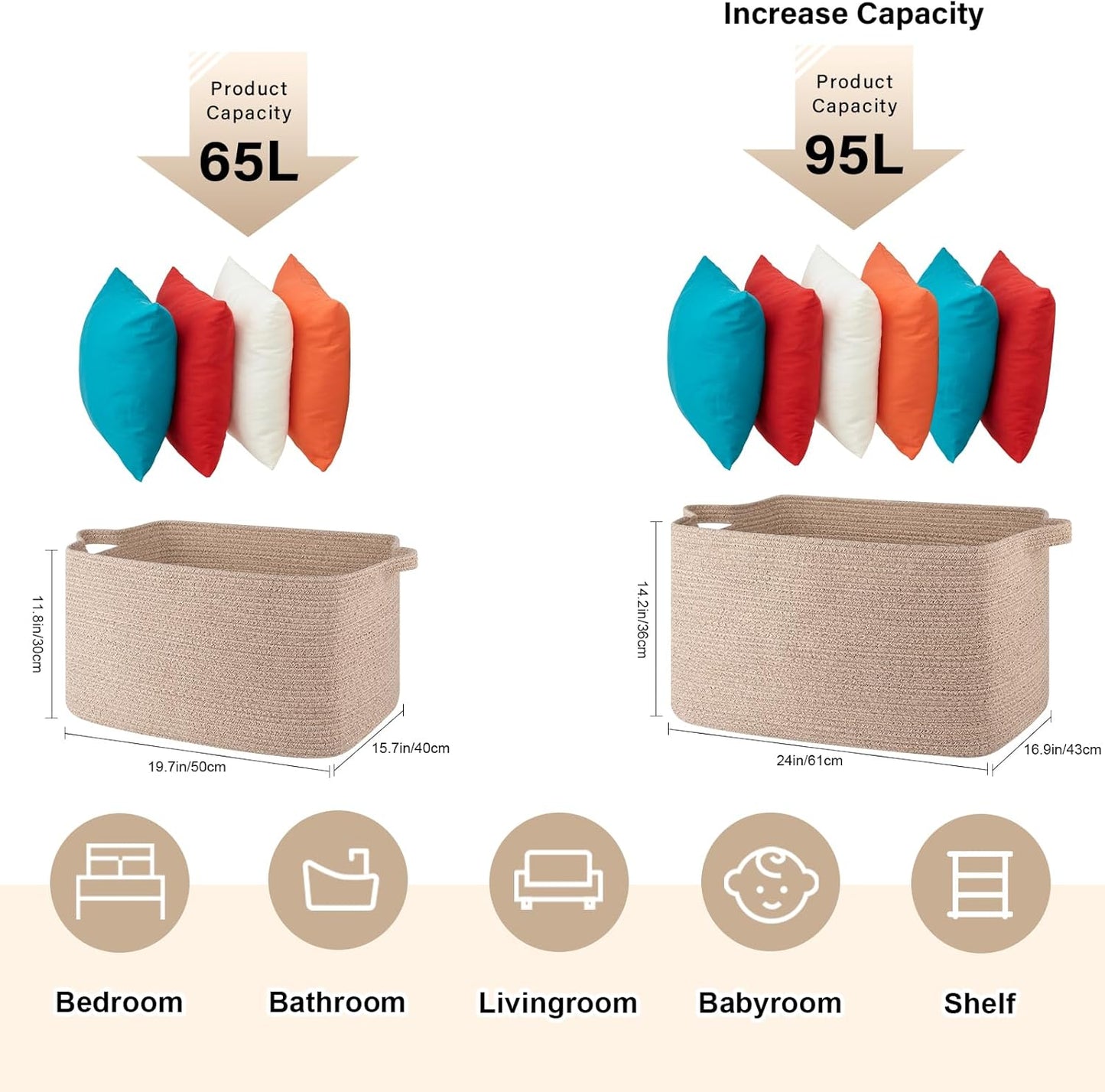 95L Large Storage Basket, Cotton Rope Woven Blanket Basket, Toy Storage for Baby Room, Living Room, 24" x 16.9" x 14.2", Brown