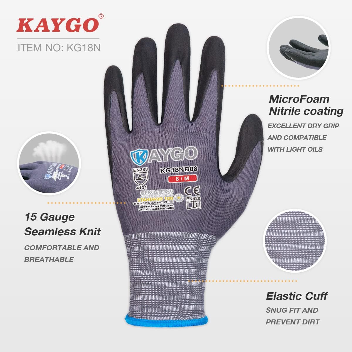 KAYGO Safety Work Gloves MicroFoam Nitrile Coated, 60 Pairs KG18NB,Seamless Knit Nylon Glove for Men and Women, Ideal for Automotive,Warehouse,Construction (X-Large,Gray)
