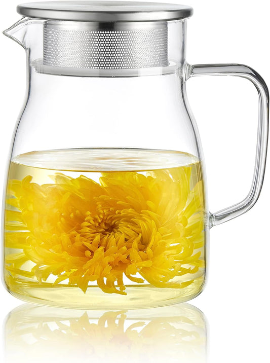 CNGLASS One-Touch Glass Teapot, 27oz(800ml) Glass Tea Kettle with Stainless Steel Filter Lid, Stovetop Safe Loose Leaf Tea Maker