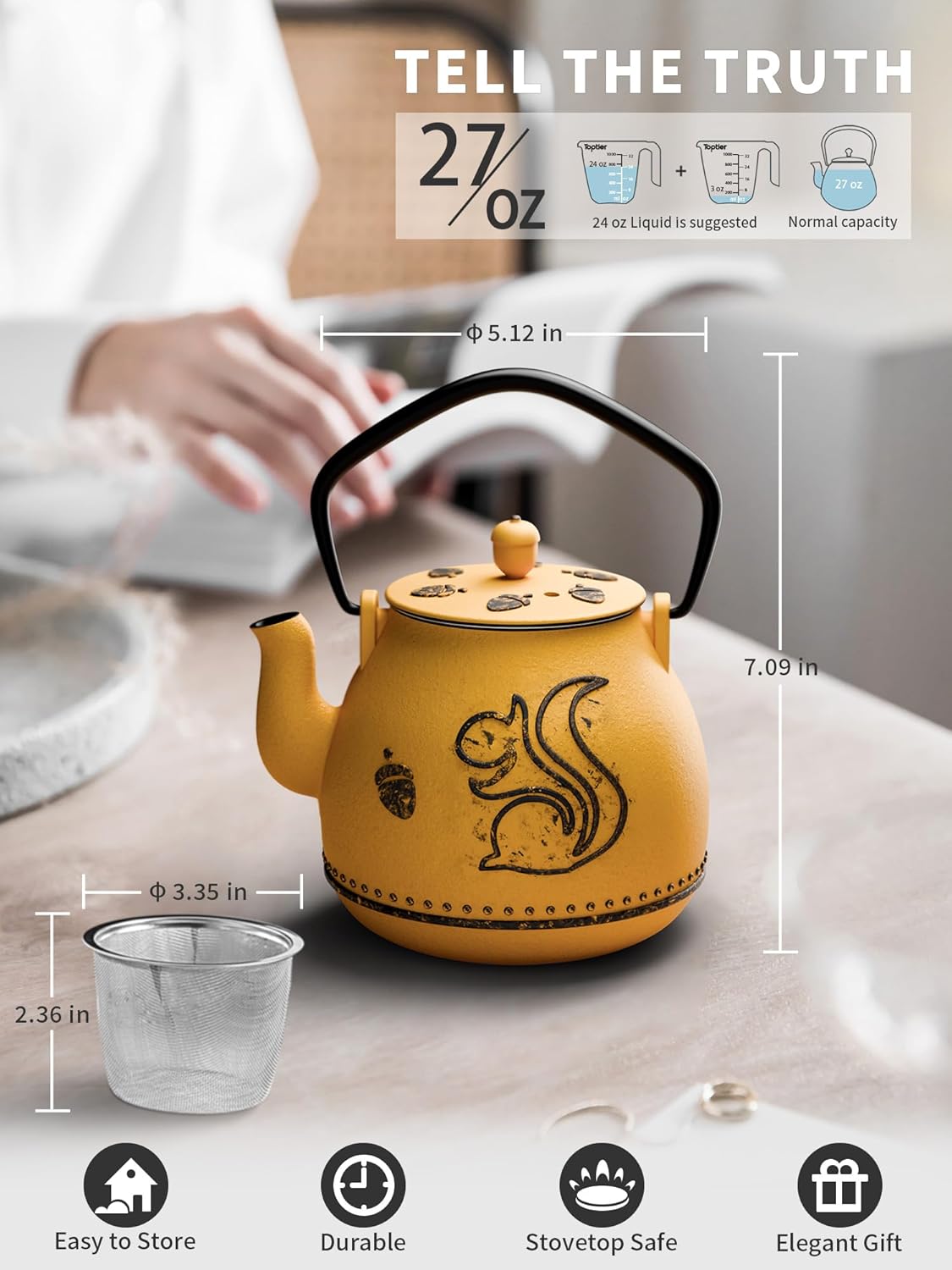 Toptier Teapot with Removable Infuser, Cast Iron Tea Kettle Stovetop Safe, Squirrel Design Tea Pot Coated with Enameled Interior for 32 Ounce (950 ml), Orange