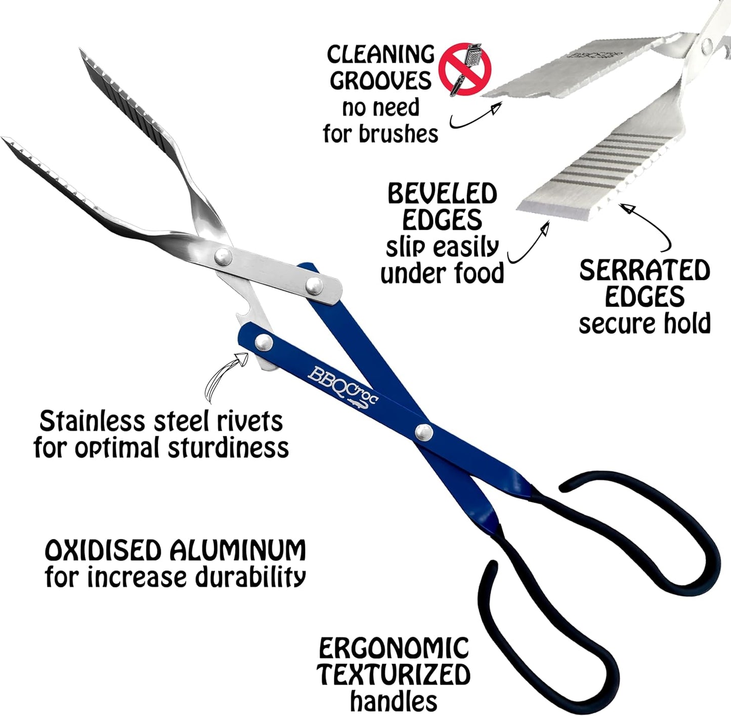 BBQ Croc 3 in 1 Barbecue Tool 18-inch - Lightweight and Long Tongs, Spatula and Grill Scraper (Blue) (18 inch Without Flashlight)