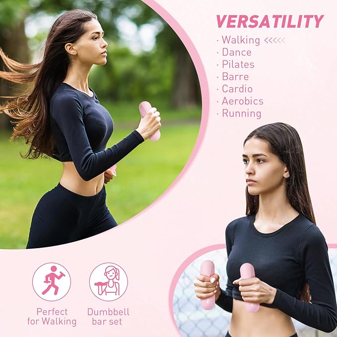 KHTO Food Grade Silicone Dumbbell Weight Bars for Women, Pink (2.2 LB | 4.4 LB Pair), Non-Slip Hex Sides Dumbbell Set for Home Gym Workout, Walking, Yoga, Dance, Barre, Pilates